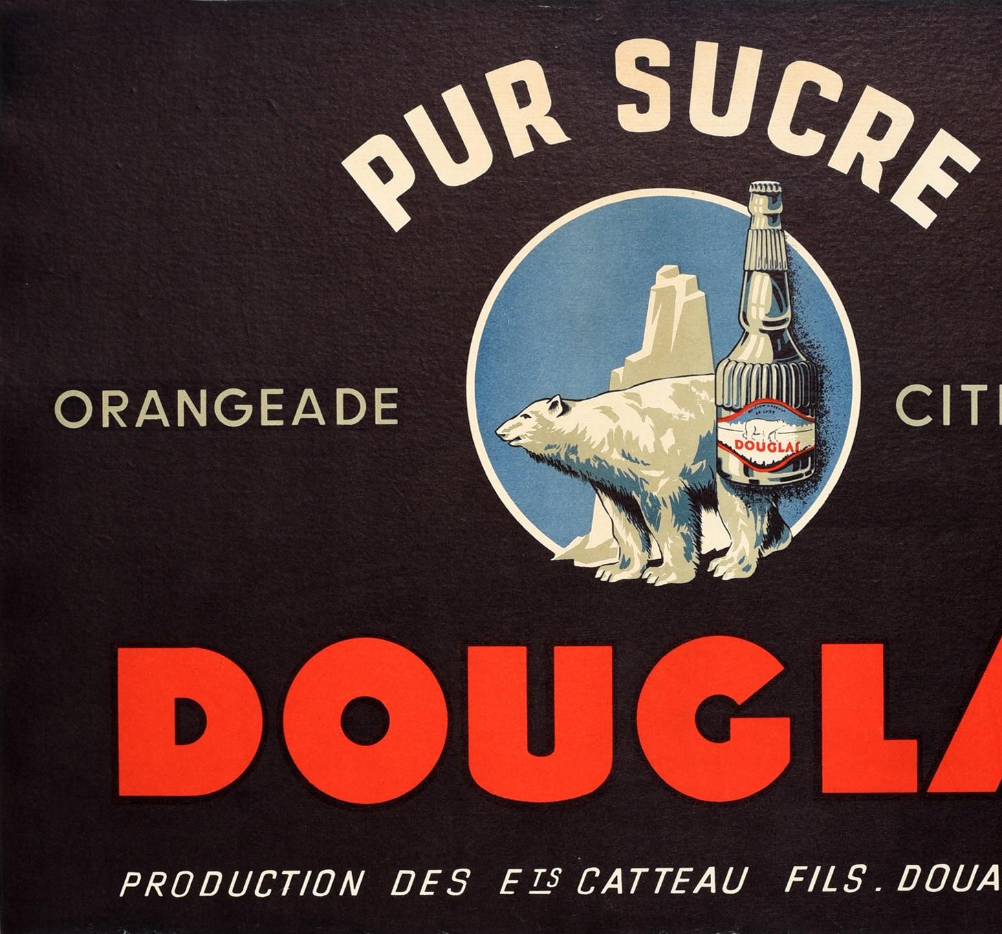 Original vintage drink advertising poster for Douglas Pure Sugar Orangeade Citronnade featuring a great design of a polar bear next to an iceberg and glass bottle against the black background with the bold white and stylised red lettering above and