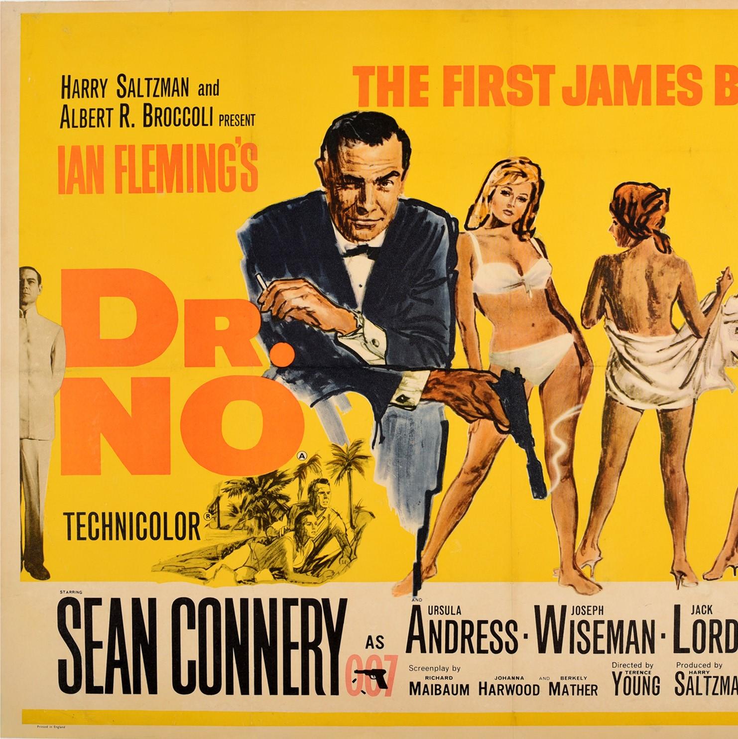 Original vintage movie poster for the original release of the classic British spy film James Bond Dr. No directed by Terence Young and starring Sean Connery in the lead role with Ursula Andress as Bond Girl Honey Ryder, Joseph Wiseman as Dr No, Jack
