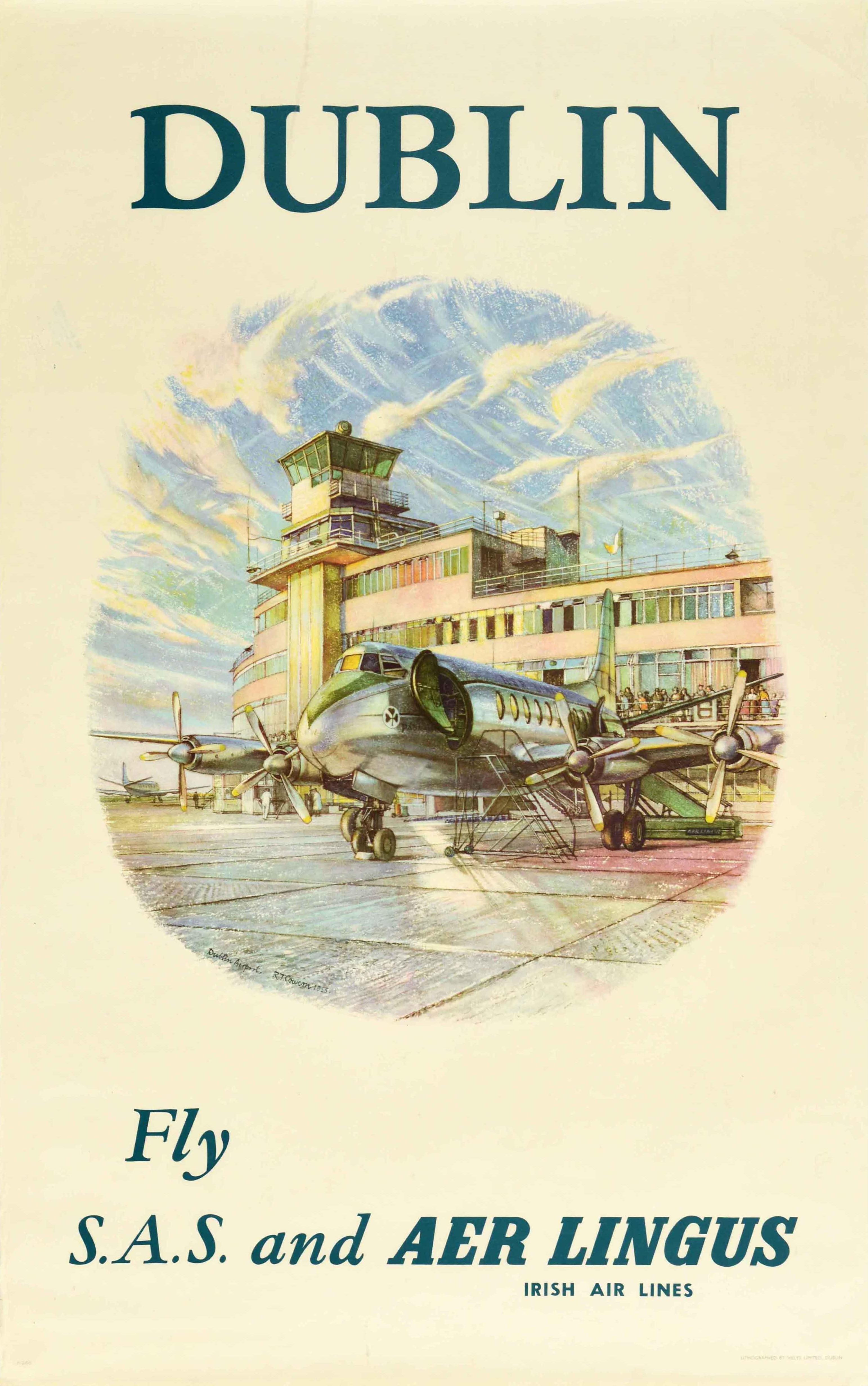Original vintage travel poster - Dublin Fly S.A.S. and Aer Lingus Irish Air Lines - featuring artwork by the painter and etcher Raymond Teague Cowern (1913-1986) depicting a propeller plane with a shamrock logo on it, in the sun on the tarmac at