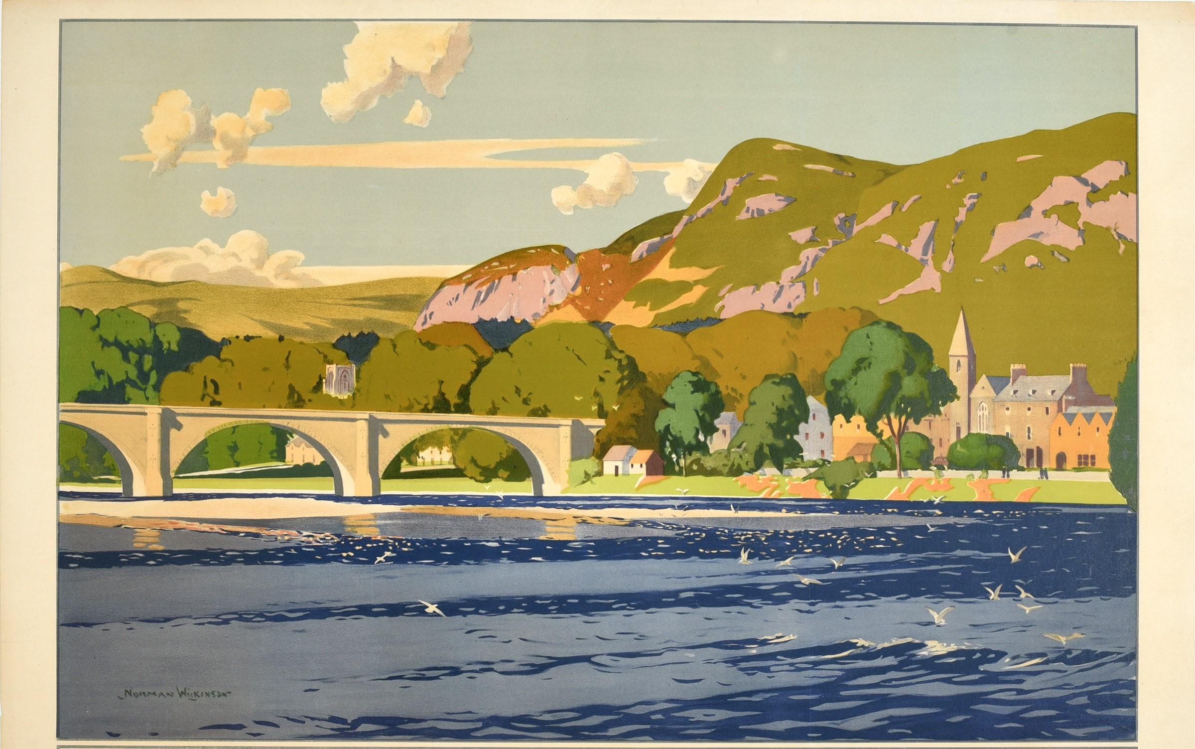 Original vintage travel poster issued by the London, Midland and Scottish Railway LMS and London North Eastern Railway LNER - Dunkeld Cathedral River Tay It's quicker by rail - featuring artwork by the notable British artist and illustrator Norman
