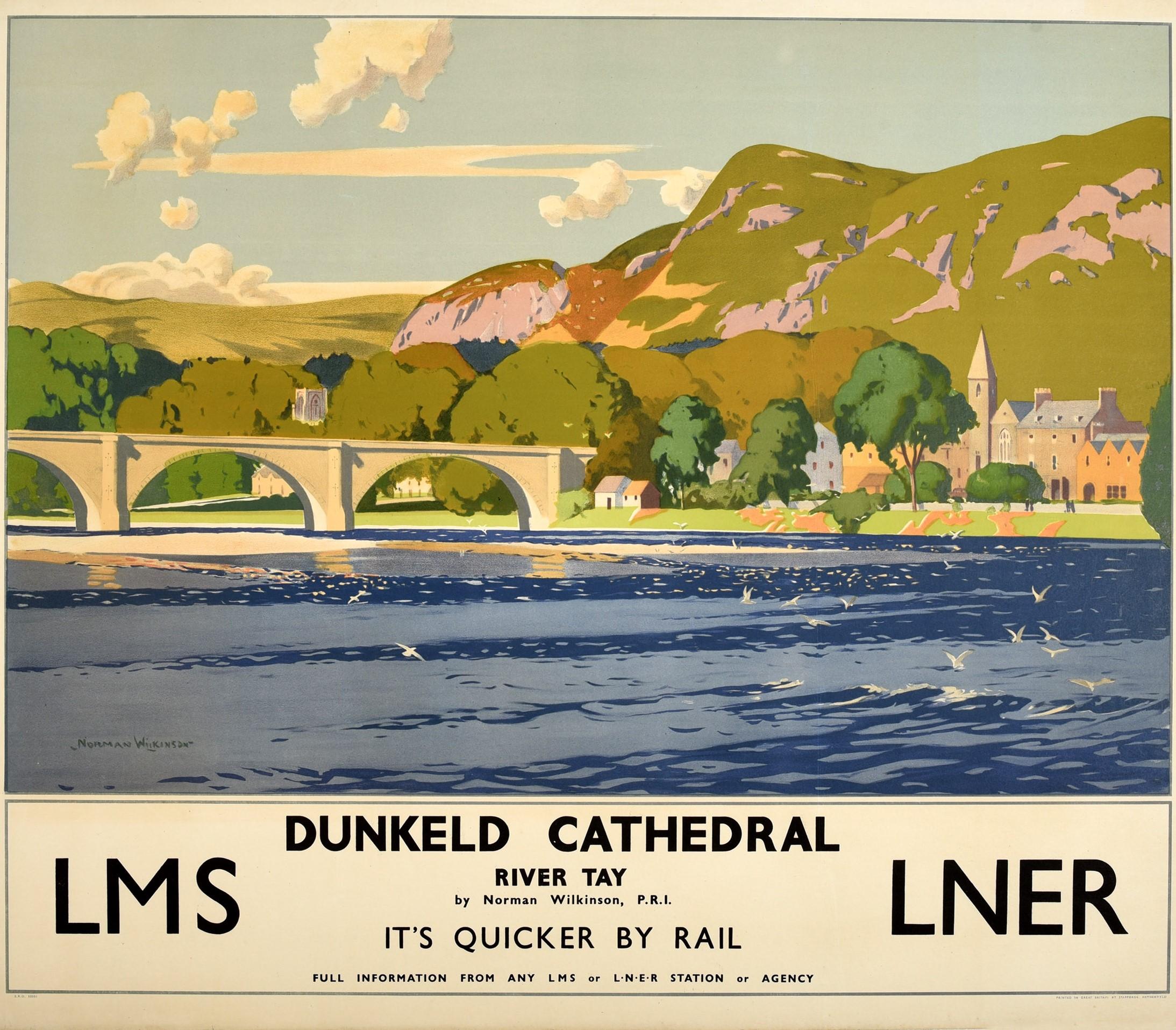 Original Vintage Poster Dunkeld Kathedrale Fluss Tay LMS LNER Eisenbahn Reisekunst, Original im Zustand „Gut“ im Angebot in London, GB