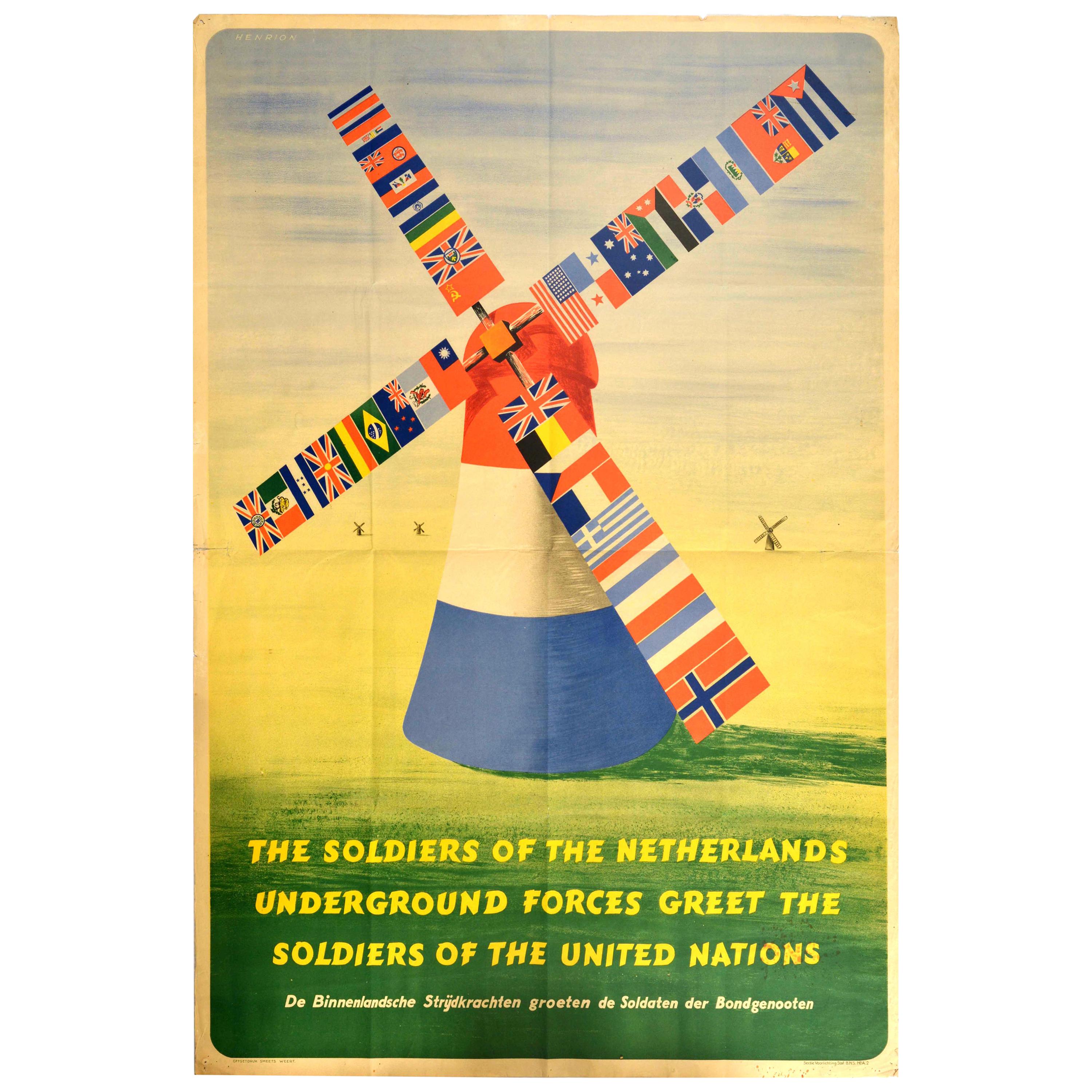 Original Vintage Poster, Niederländischer Widerstand, Alliierte Soldaten, Vereinte Nationen, WWII Kunst