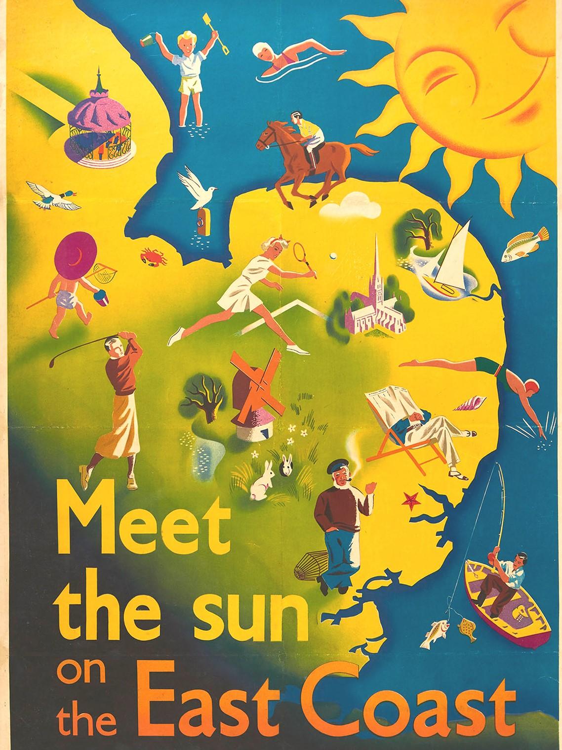  Original vintage LNER travel poster issued by the London and North Eastern Railway, meet the sun on the east coast it's quicker by Rail England's Drier Side, featuring a colorful summer holiday design showing a smiling sun shining down over a map