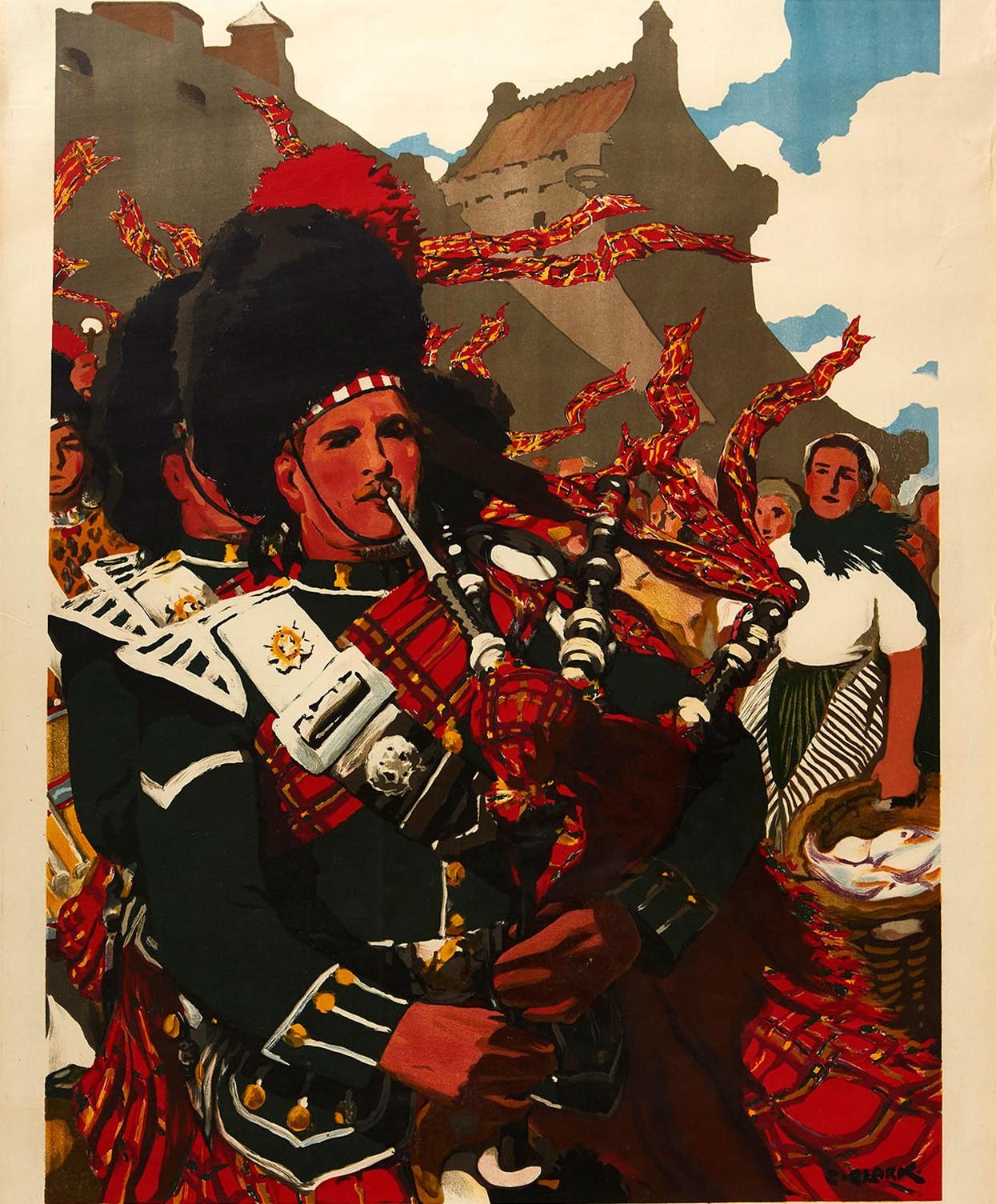 Original vintage French travel poster for Scotland / Ecosse issued by the London, Midland and Scottish Railway LMS and London North Eastern Railway LNER - featuring great artwork by Christopher Clark (1875-1942) depicting pipers in military tartan