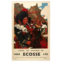 Original Vintage Poster Ecosse Schottland LNER LMS Eisenbahn Schwarze Uhren-Taschenpipper