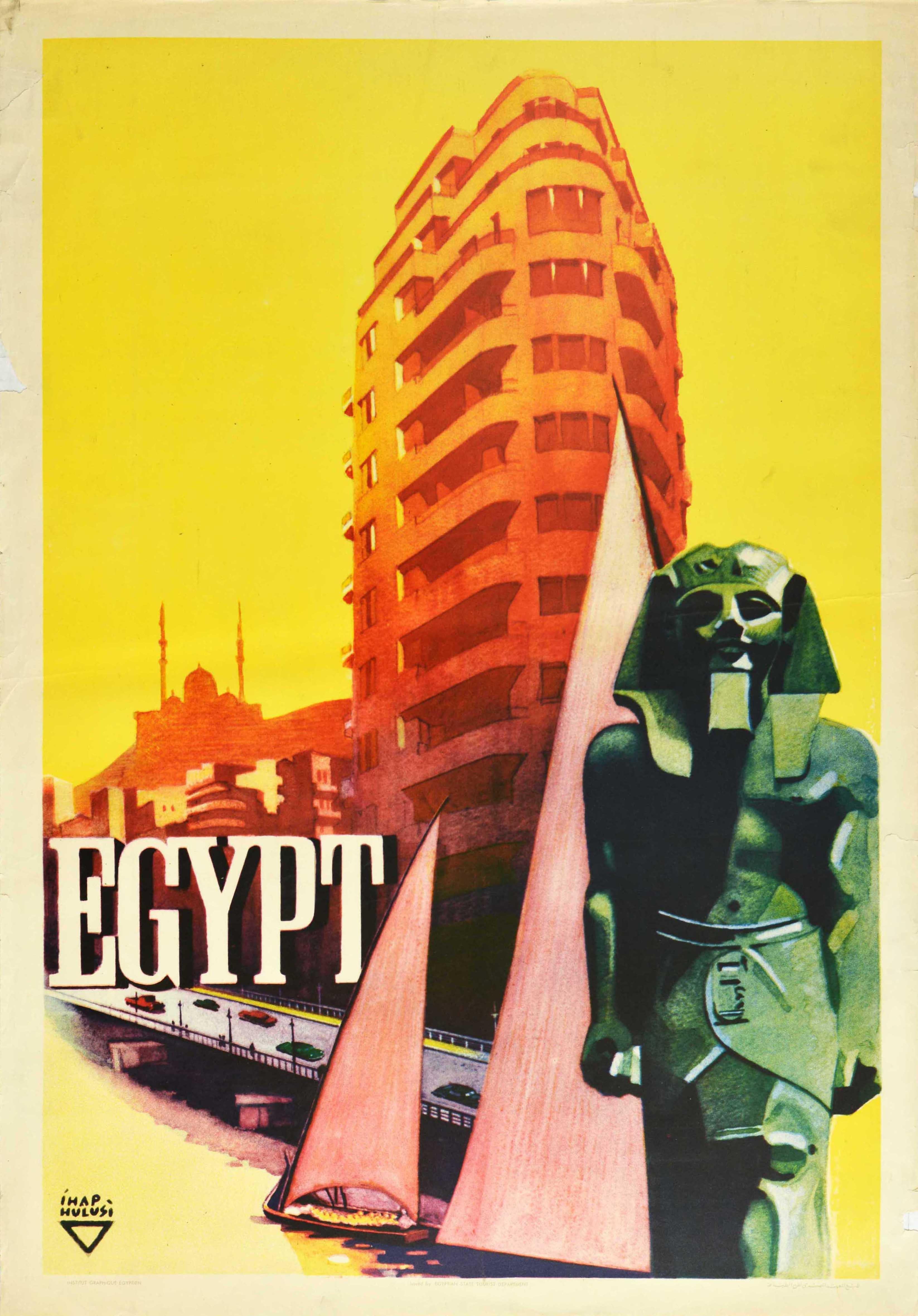 Original vintage travel poster for Egypt designed by the Turkish graphic artist Ihap Hulusi (1898-1986) featuring an illustration of a triangular shaped building in front of a silhouette of a mosque in the distance, cars on a road bridge driving