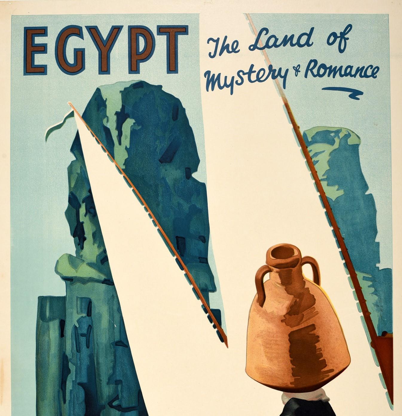 Original vintage lithograph travel poster for Egypt The Land Of Mystery And Romance featuring a great image of a lady in traditional clothing carrying a jug on her head with felucca sailing boats on the calm river Nile and ancient Egyptian statues