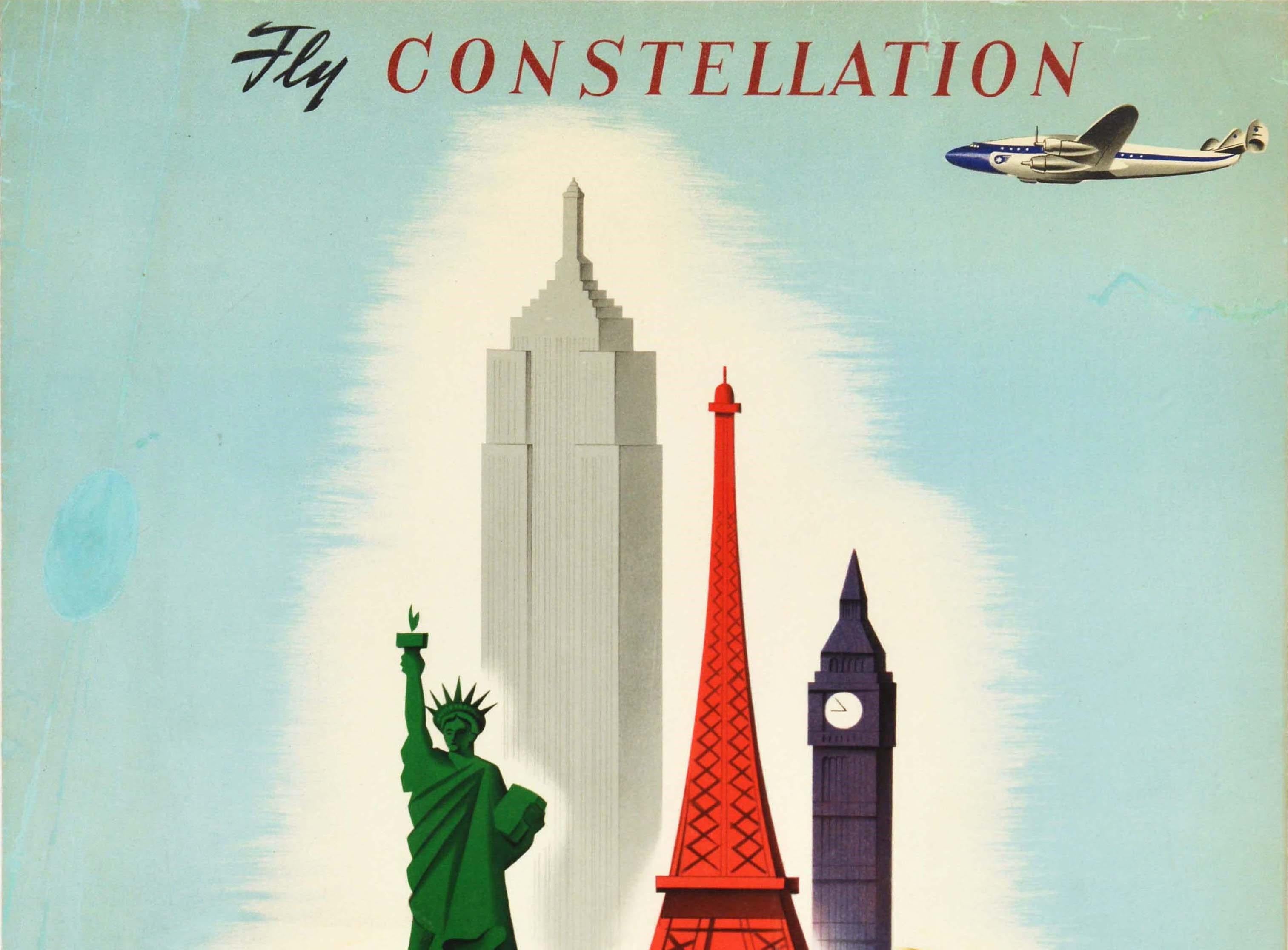 Original vintage air travel advertising poster - Fly Constellation to Four Continents El Al Israel Airlines - featuring a great design by the Israeli graphic designer Franz Krausz (1905-1998) depicting famous landmarks from different countries on