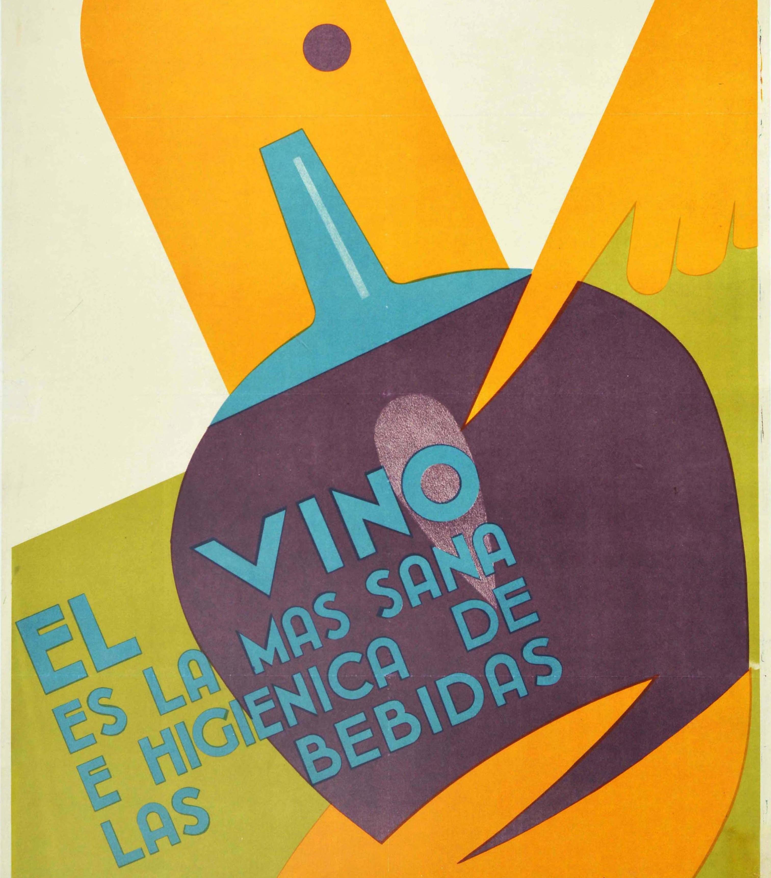 Art déco Affiche rétro originale, El Vino Es La Mas Sana, Le meilleur boisson, Pasteur de vin, La meilleure boisson en vente