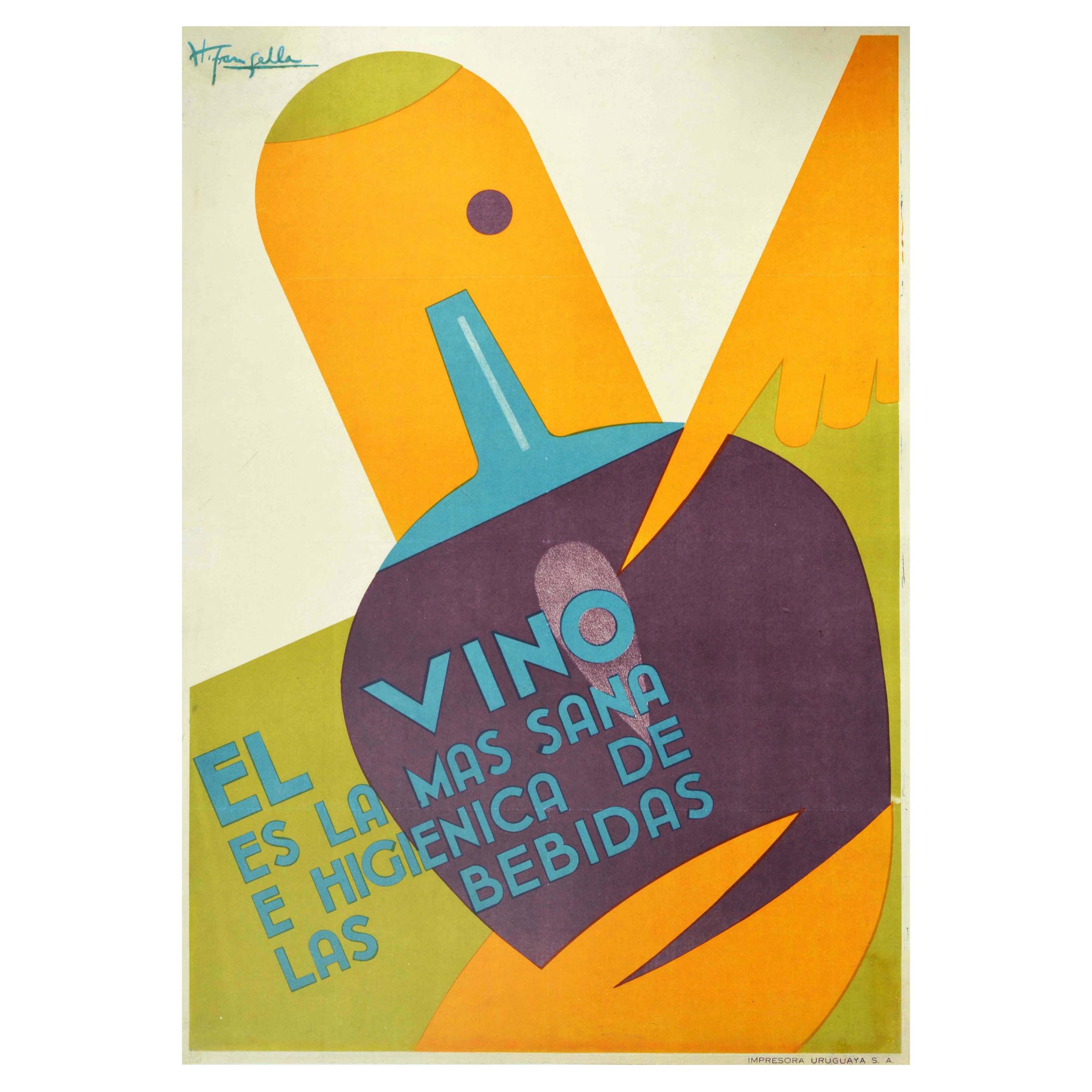Original Vintage Poster El Vino Es La Mas Sana Wine The Healthiest Drink Pasteur For Sale