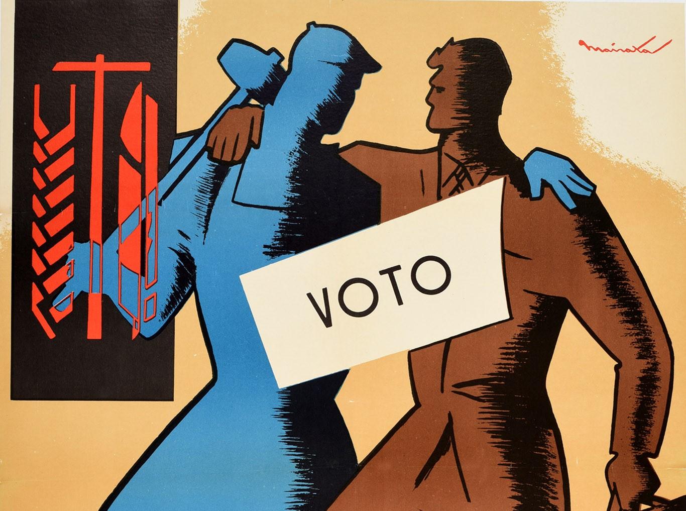 Originales Propagandaplakat - Aufruf zu den Gewerkschaftswahlen 1963 / Elecciones Sindicales Convocatoria 1963 - mit einem großartigen Design, das zwei Arbeiter zeigt, die sich umarmen und ein Zeichen - Voto / Vote - quer über das Bild halten. Der