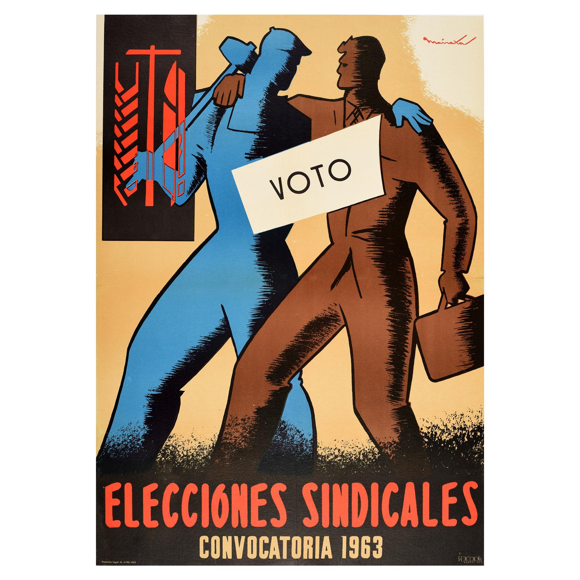 Affiche rétro originale, Elecciones Sindicales Voto, Élections de l'Union espagnole, Vote