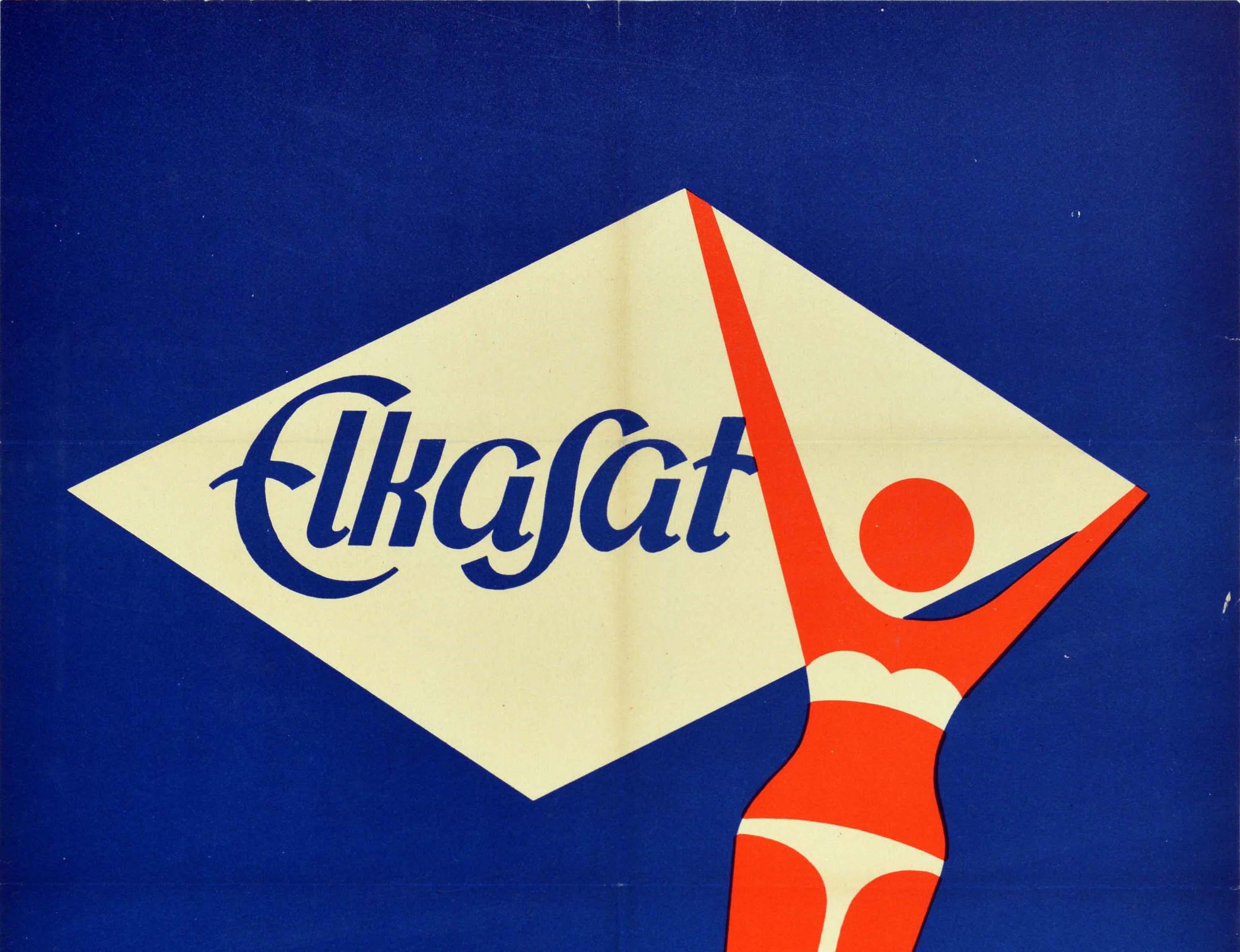 Original vintage advertising poster for Elkasat sun cream lotion for sunbathing / zum Sonnenbad - Ultra with silicon No laundry staining So easy to use - featuring a great graphic design showing a stylised image of a lady in a white bikini standing