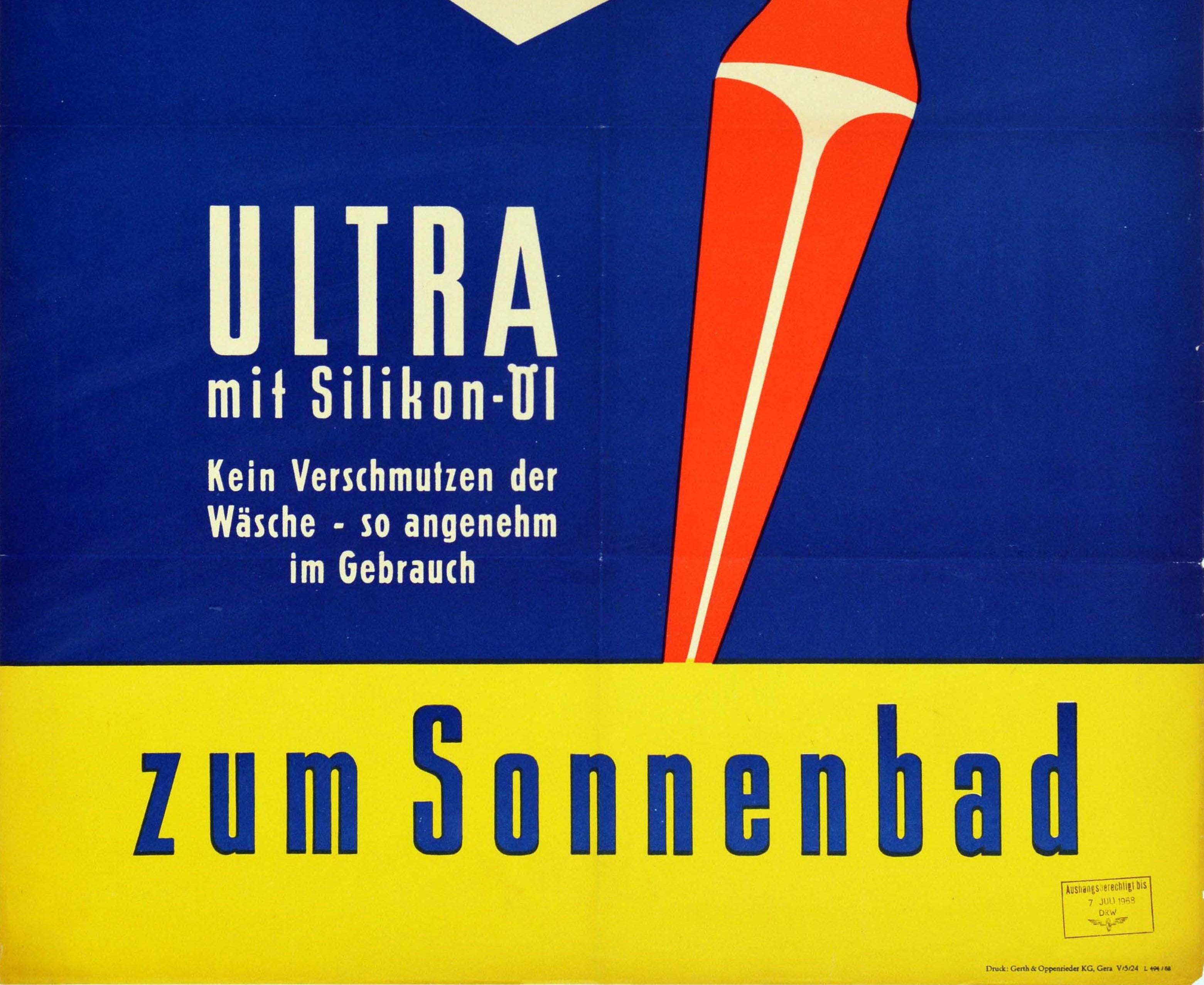 Original Vintage Poster Elkasat Sonnenschirm Sonnenbaden Strand Bikini Grafik Design (Deutsch) im Angebot