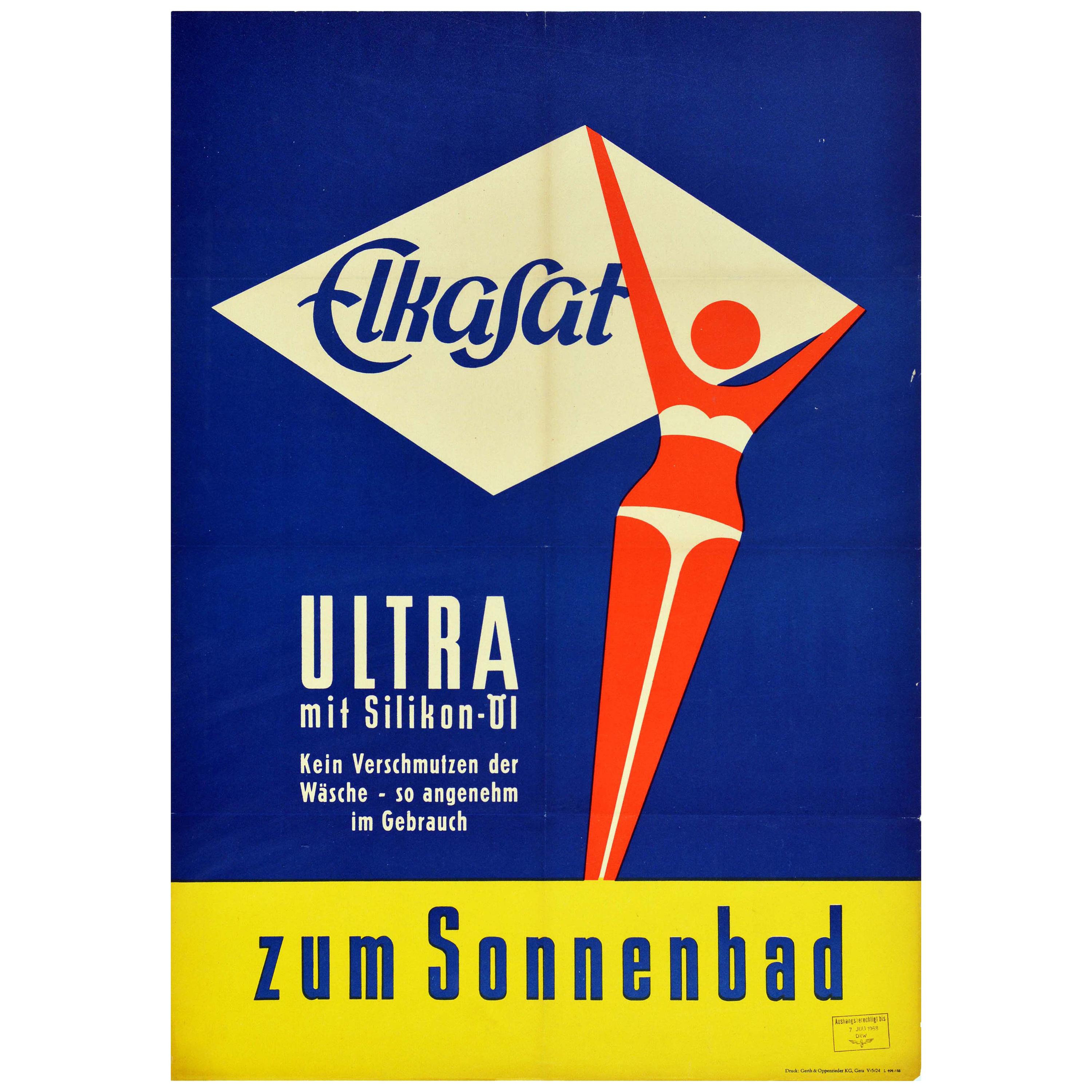 Original Vintage Poster Elkasat Sonnenschirm Sonnenbaden Strand Bikini Grafik Design im Angebot