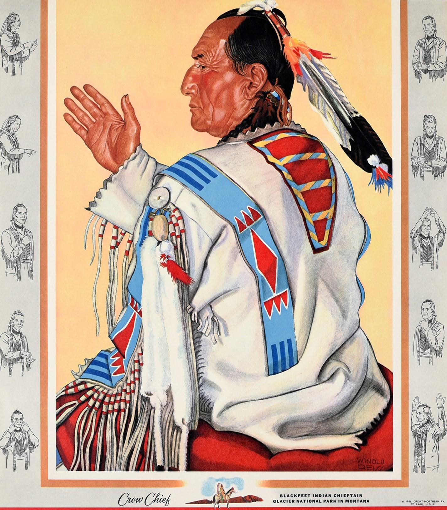 Original Vintage Poster Empire Builder Train Crow Chief Blackfeet Indian Montana In Good Condition In London, GB