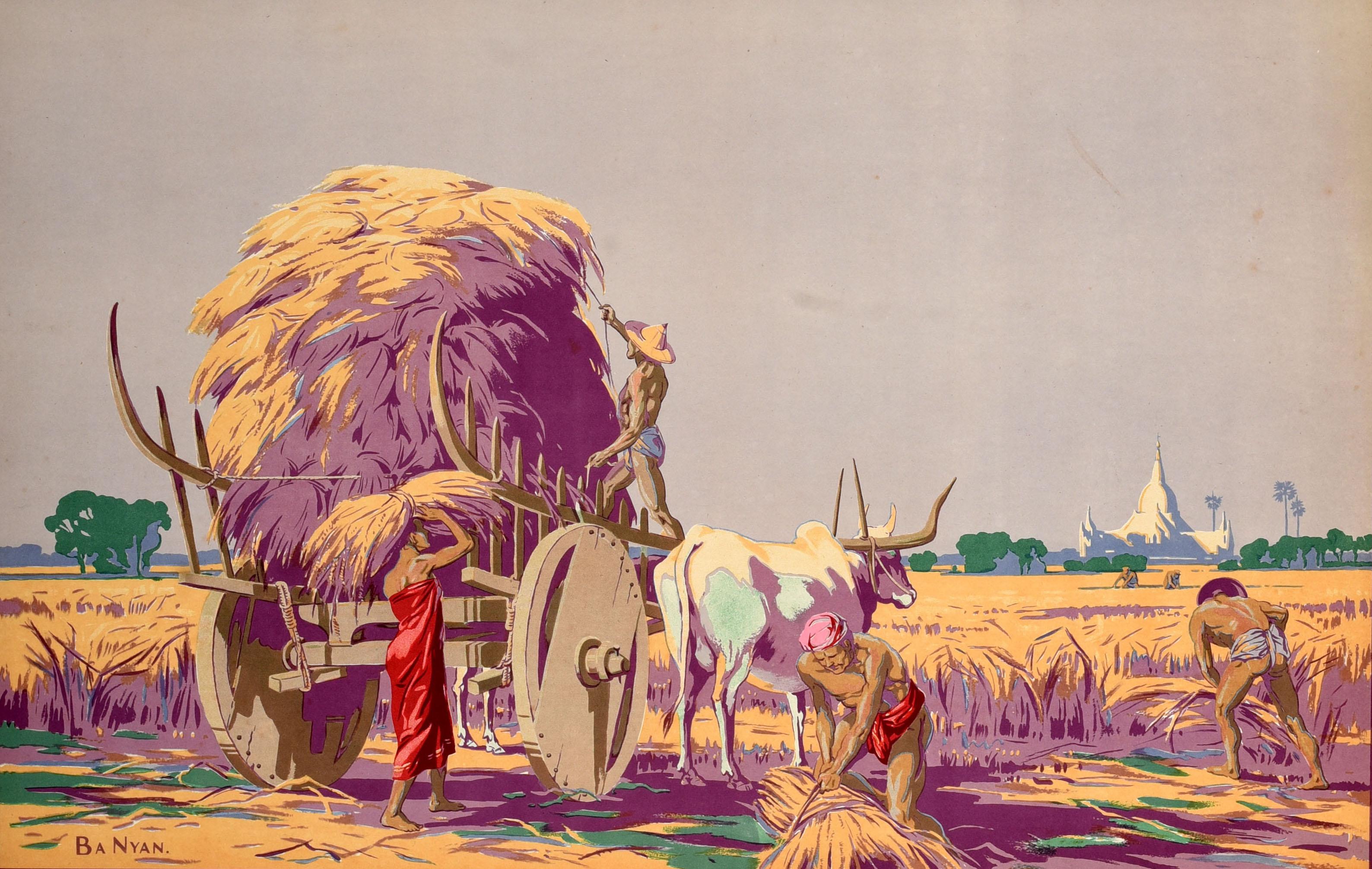 Original vintage poster - Paddy Field Burmah - issued by the Empire Marketing Board (EMB 1926-1933) featuring artwork by the notable Burmese artist Ba Nyan (1897-1945) depicting farm workers harvesting rice in a paddy field and stacking the crop