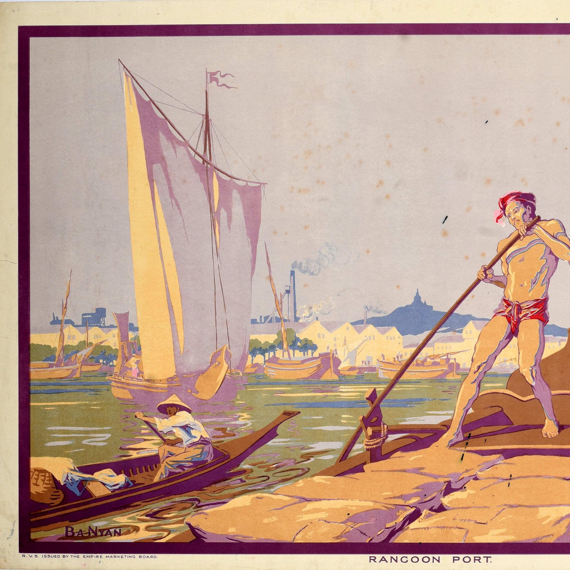 Britannique Affiche vintage d'origine Empire marketing Board Rangoon Port Burma EMB Ba Nyan en vente