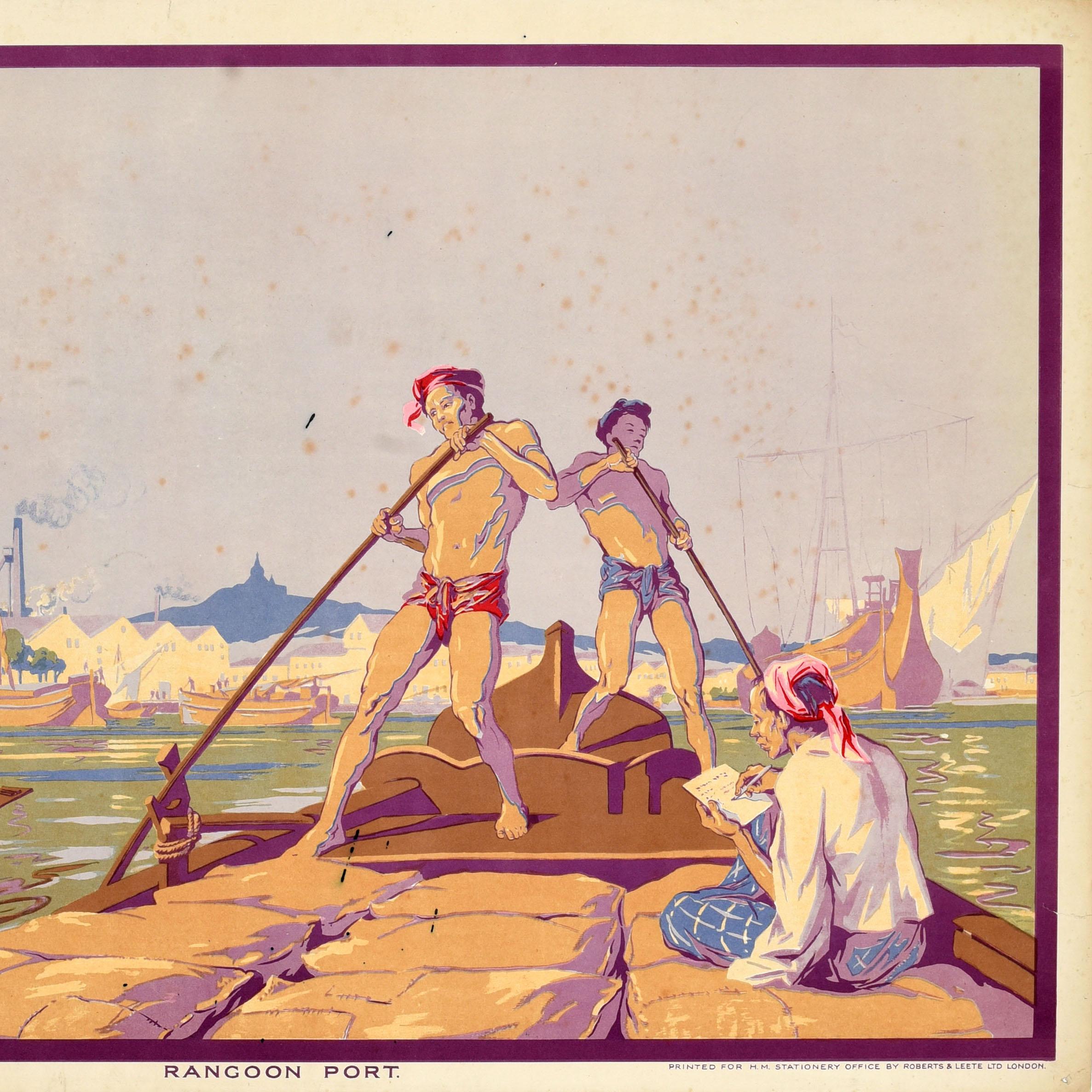 Affiche vintage d'origine Empire marketing Board Rangoon Port Burma EMB Ba Nyan État moyen - En vente à London, GB