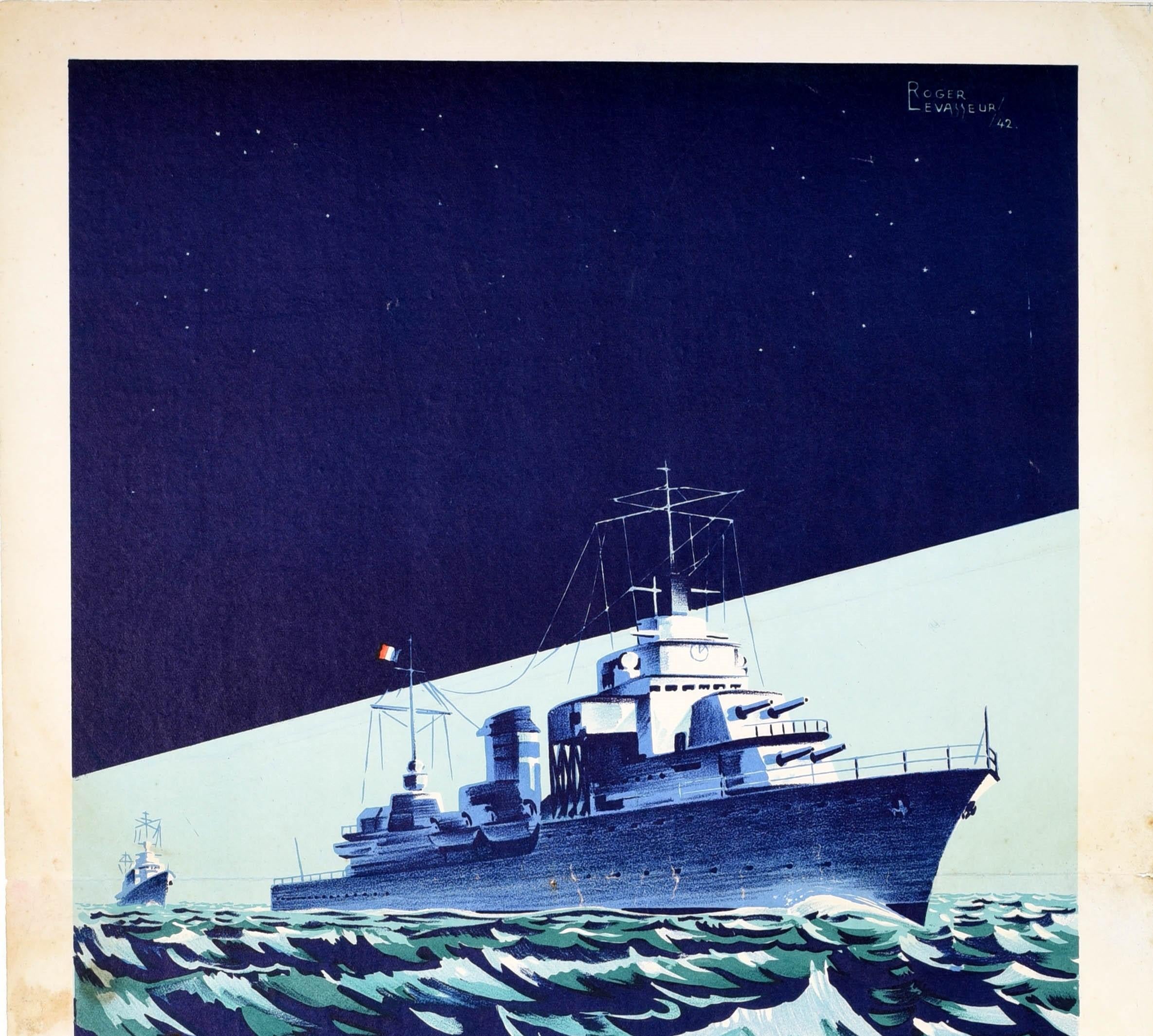 Original vintage World War Two naval military recruitment poster Engagez-vous dans la Marine / Join the Navy featuring dynamic artwork of a warship at sea with the title in bold red letters below. Printed by Gaston Maillet & Co. Good condition,