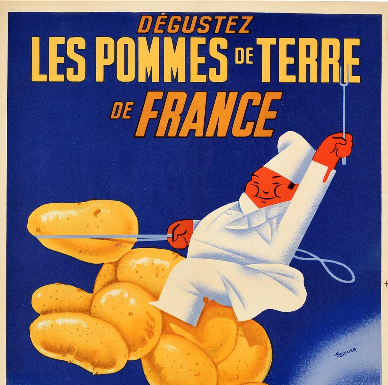 Original vintage food poster - Enjoy the Potatoes of France / Degustez Les Pommes De Terre De France - featuring a fun and colourful illustration of a smiling chef wearing a white uniform and hat and holding up a cooking fork while riding a horse