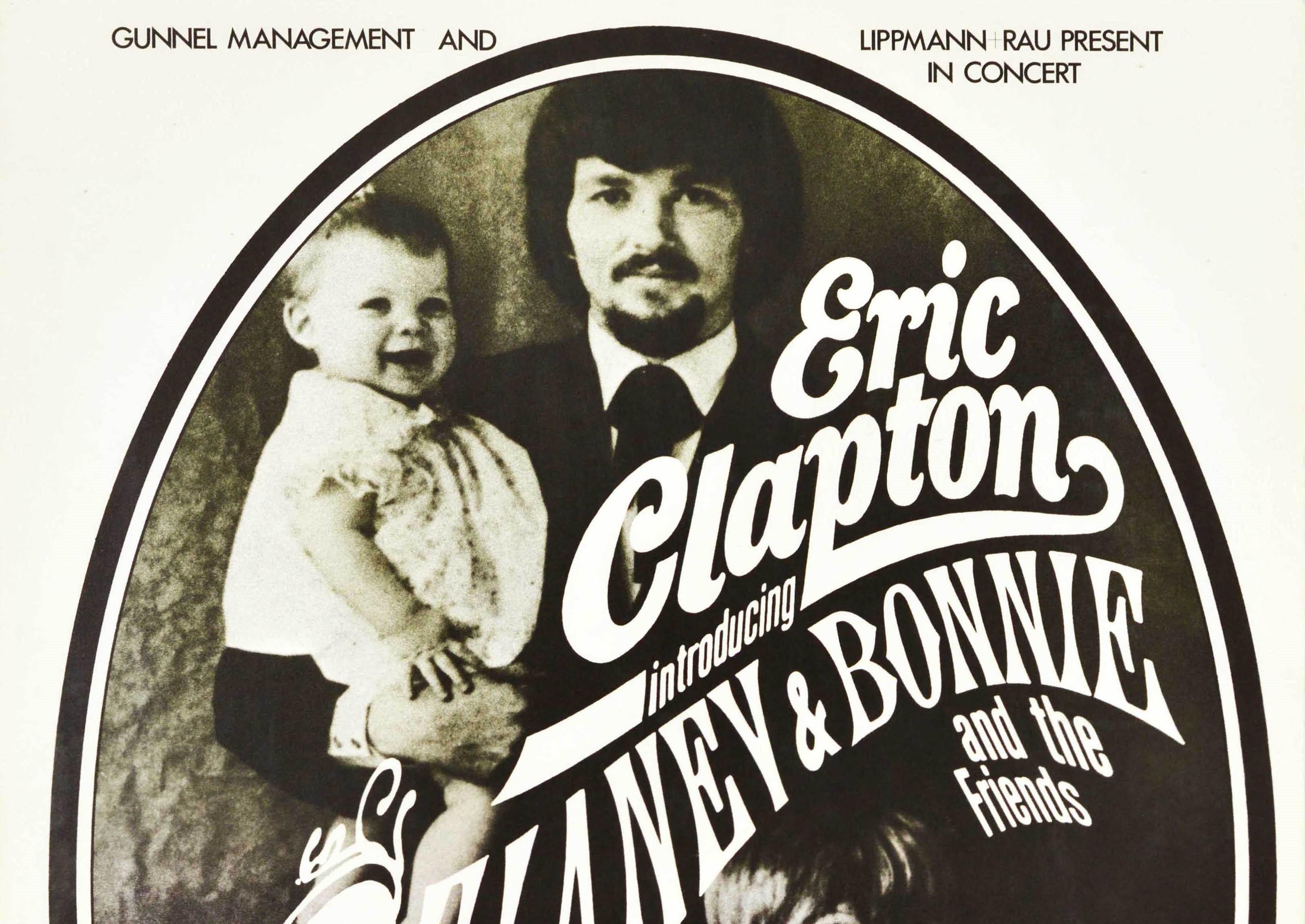 Original vintage music concert poster for Eric Clapton introducing Delaney & Bonnie and the Friends featuring P.P. Arnold and Ashton, Gardner & Dyke presented by Gunnel Management and Lippmann + Rau featuring a black and white family style