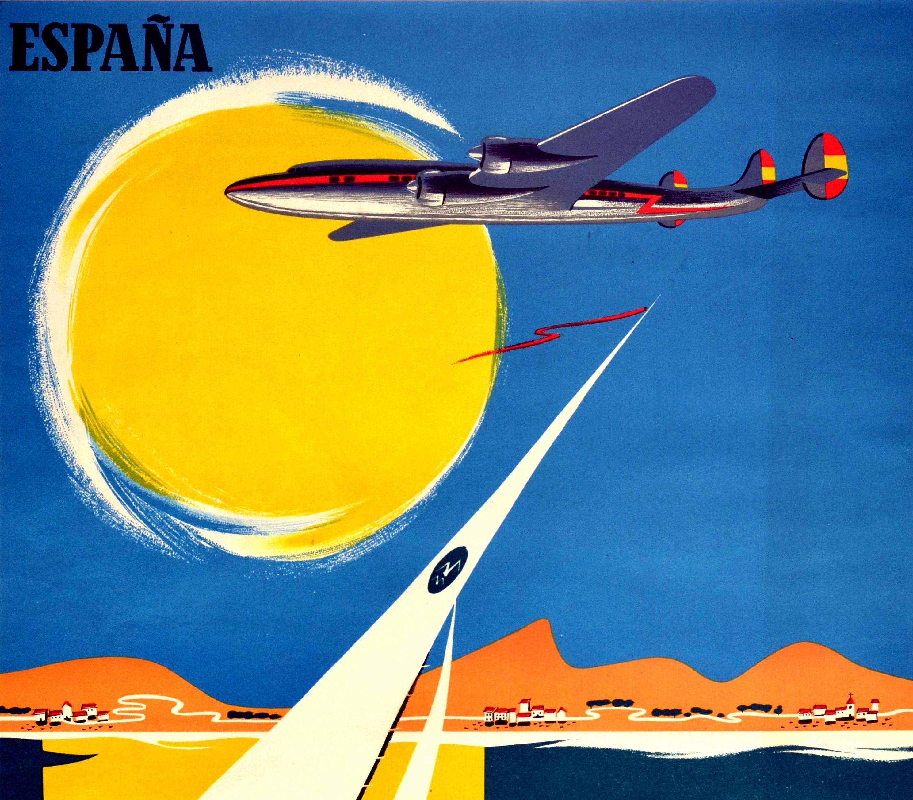 Original vintage Spanish airline travel advertising poster issued by Iberia Lineas Aereas de Espana for the Costa Del Sol Malaga featuring a colourful illustration of an Iberia Lockheed Constellation plane flying in front of a bright yellow sun in