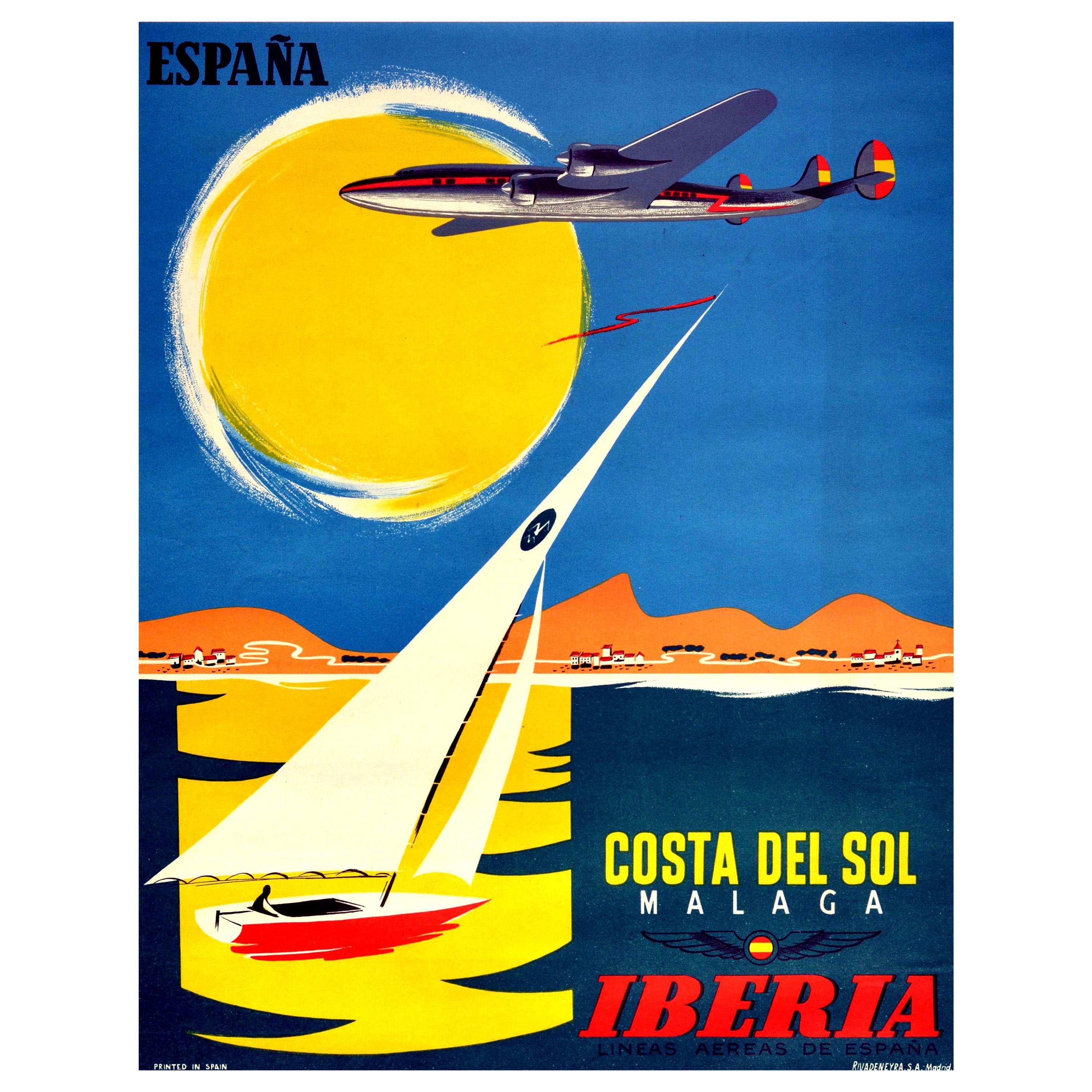 Original Vintage Poster Espana Costa Del Sol Malaga Iberia Spain Yacht Mountains