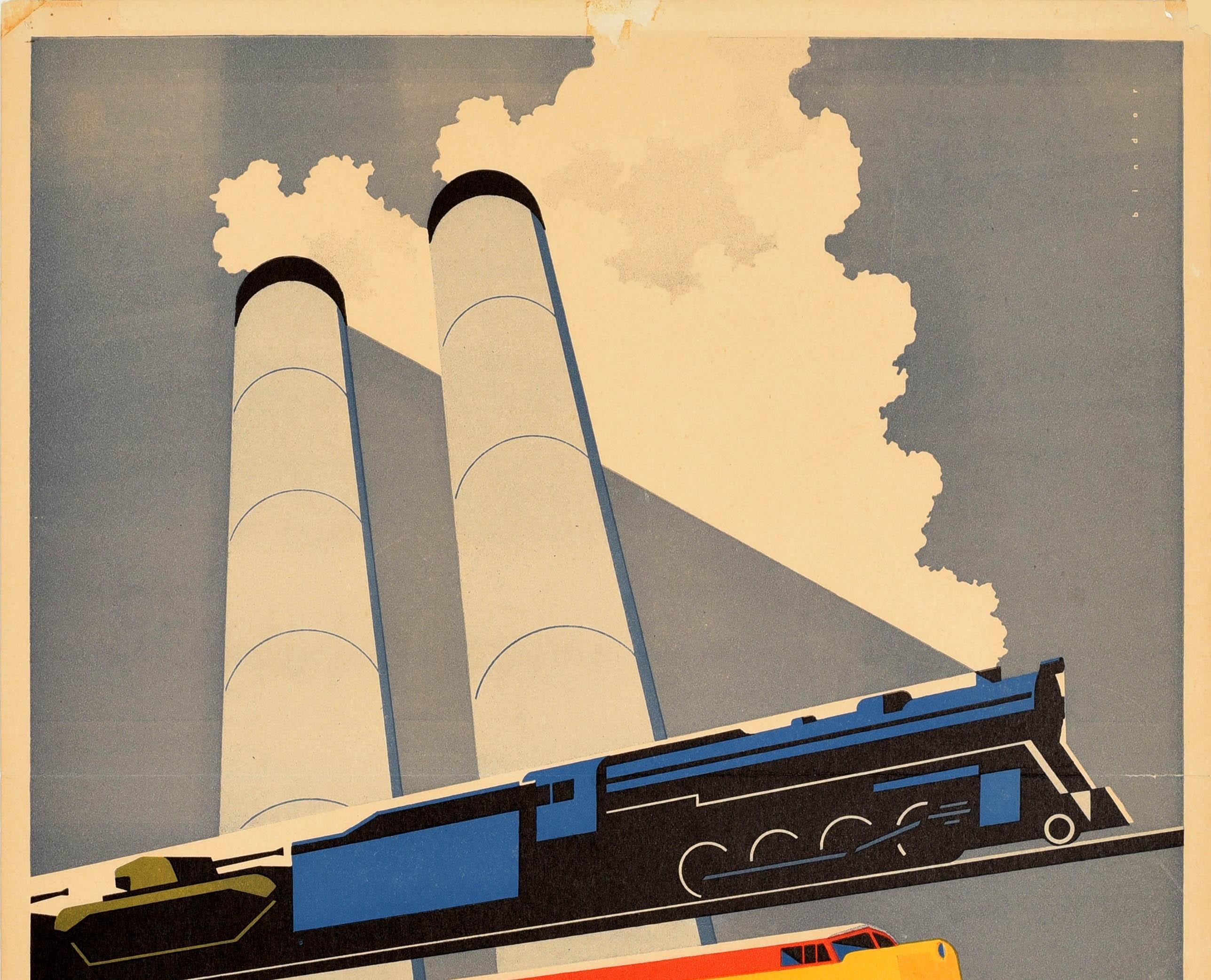 Original vintage propaganda poster issued by the Association of American Railroads Washington - Essential to Industry Vital to Defense - featuring a great design by Joseph Binder (1898-1972) of a steam train with a blue and black engine pulling