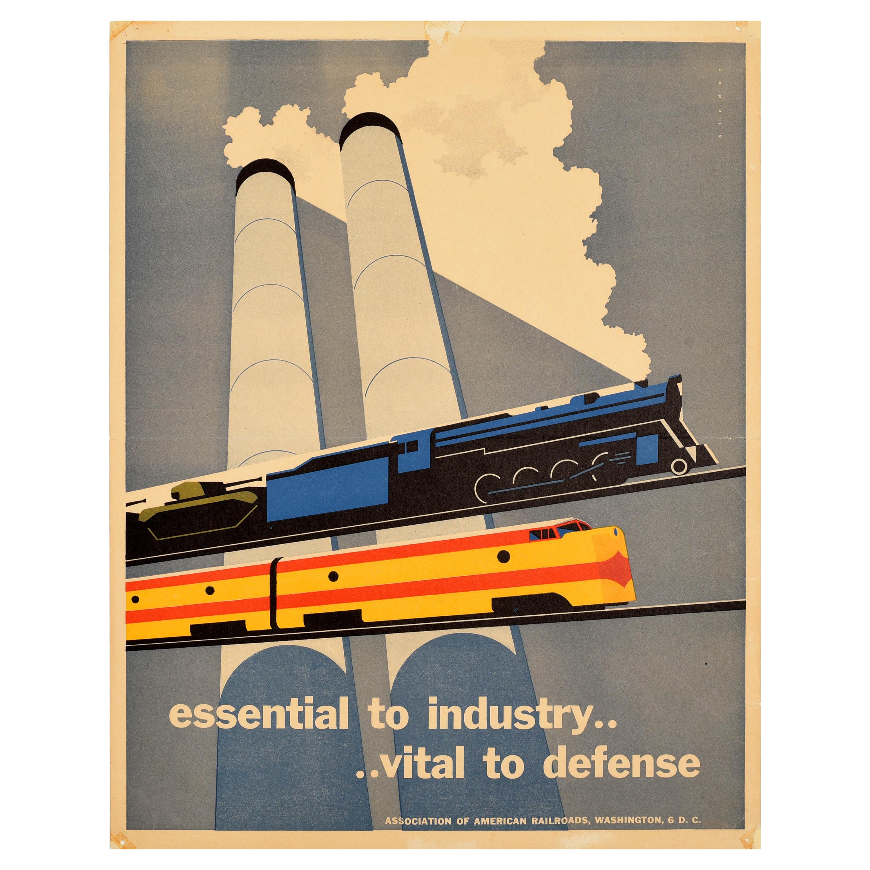 Original Vintage Poster Essential To Industry Defense Rail Trains Tanks Factory