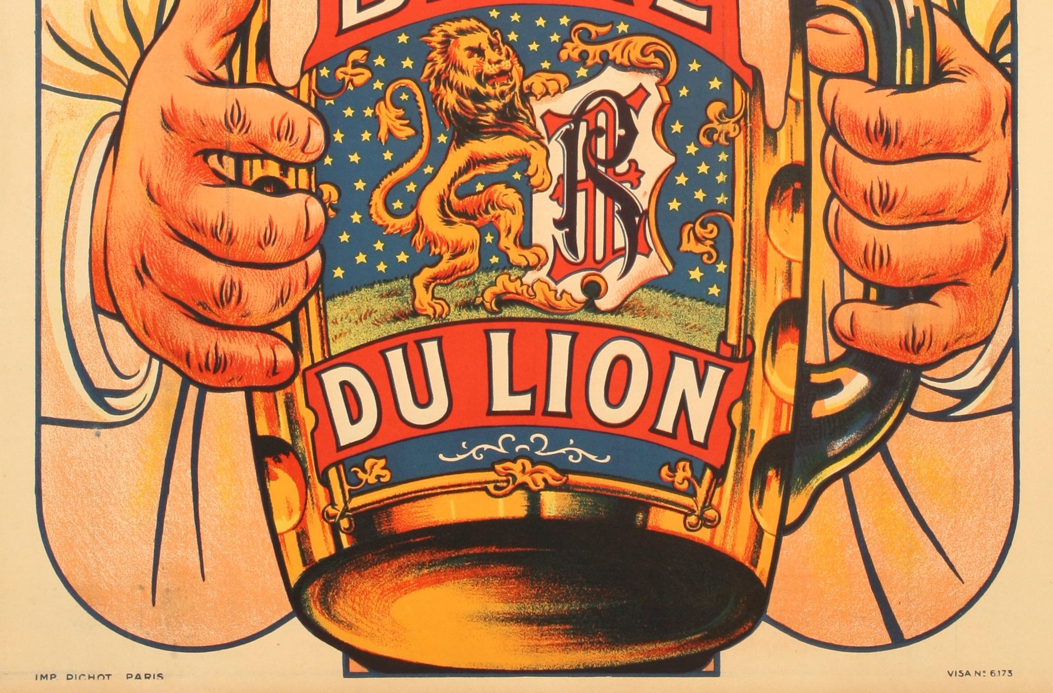French Eugene Oge, Original Vintage Beer Poster, Biere du Lion, Tankard, Mug, 1905