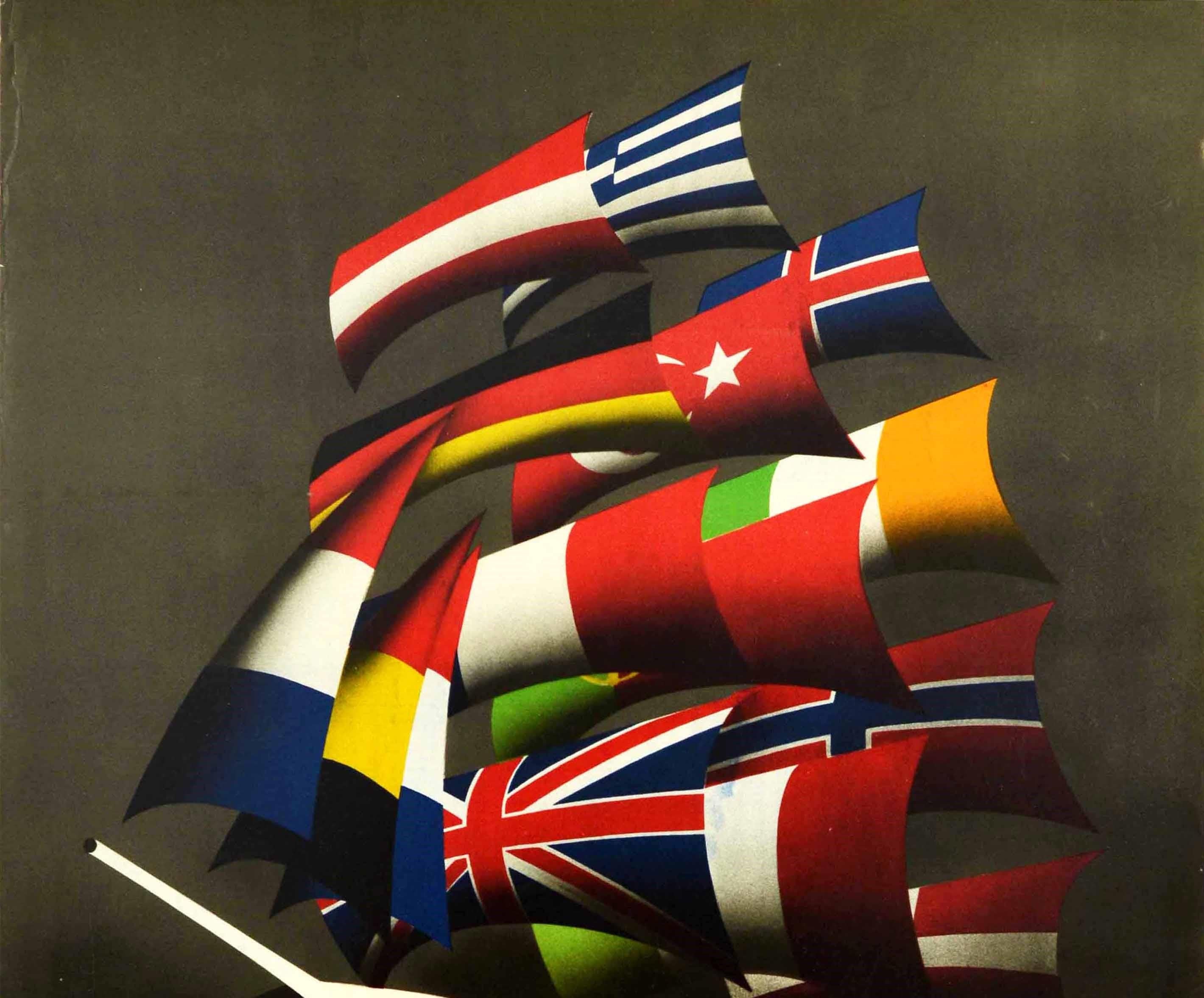 Original vintage propaganda poster for the post-war US sponsored ERP European Recovery Program (1948) known as the Marshall Plan - Europe All our Colours to the Mast - featuring a fantastic nautical design by Reyn Dirksen (1924-1999) depicting a
