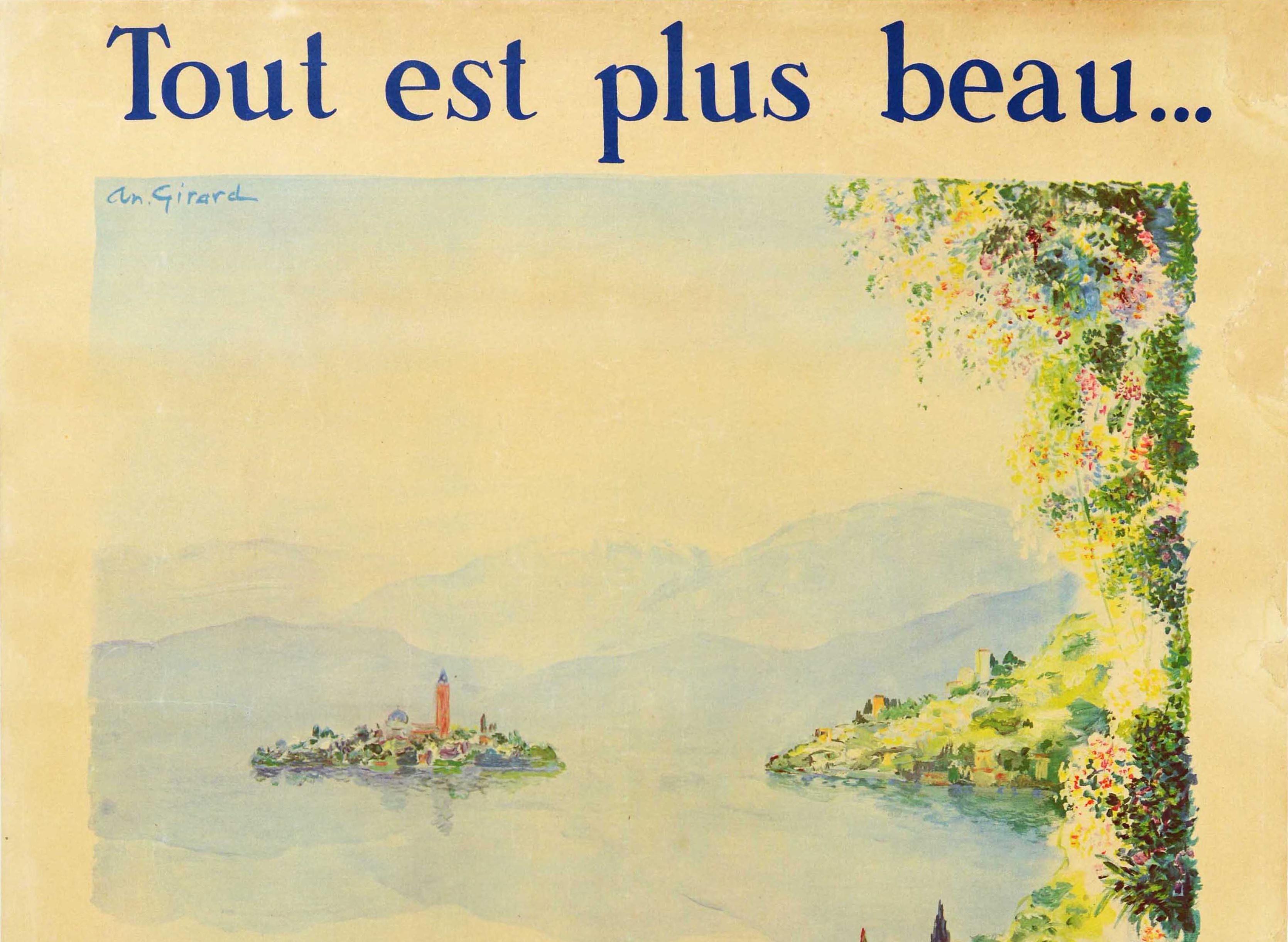 Original vintage car advertising poster - Tout est plus beau ... avec une Peugeot / Everything is more beautiful ... with a Peugeot - featuring a brand new red Peugeot 402 with the number plate 302 402 driving towards the viewer on a hillside road