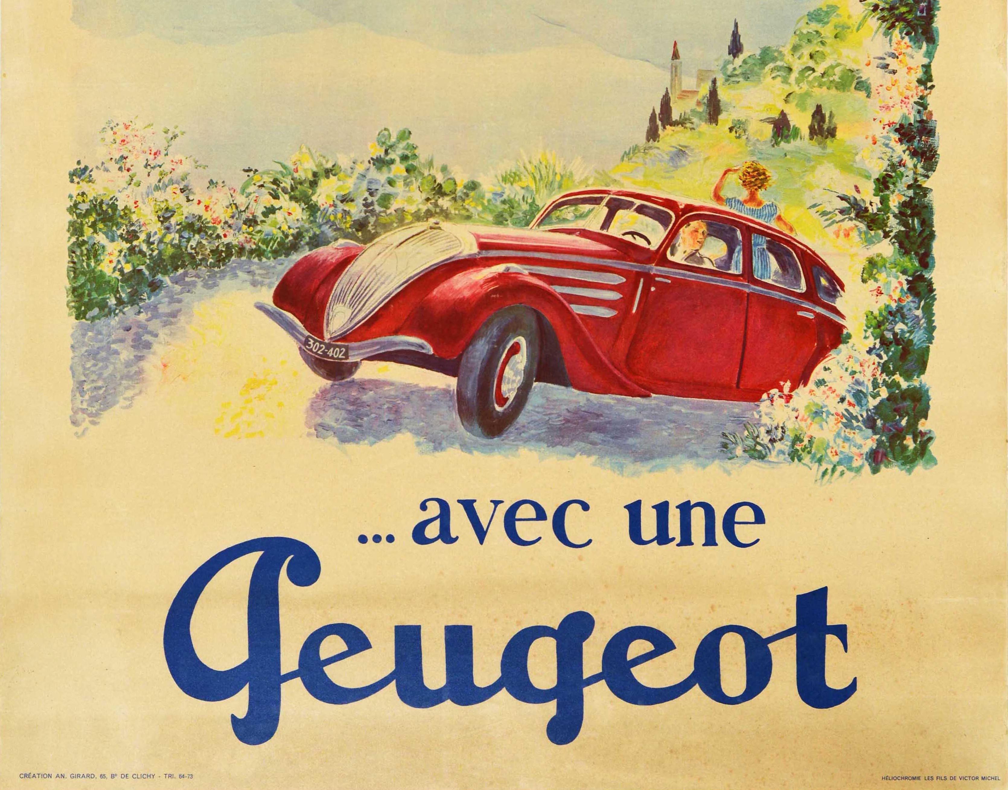 French Original Vintage Poster Everything Is More Beautiful With A Peugeot 402 Car Art For Sale