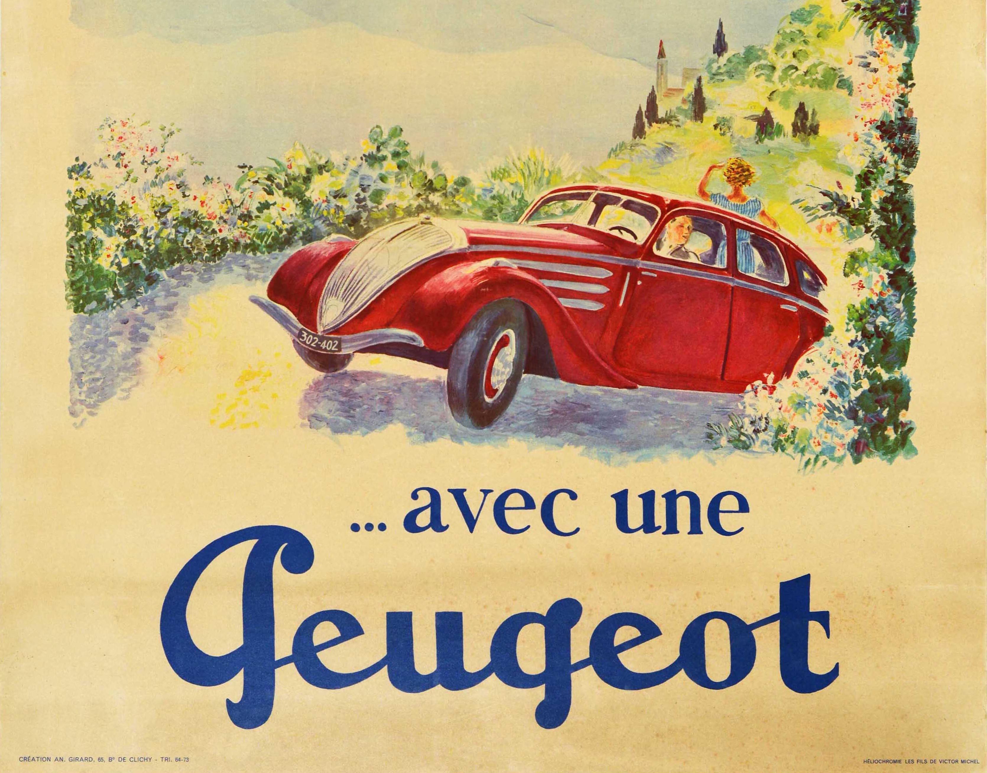 Francese Poster d'epoca originale Tutto è più bello con un'auto Peugeot 402 Art in vendita