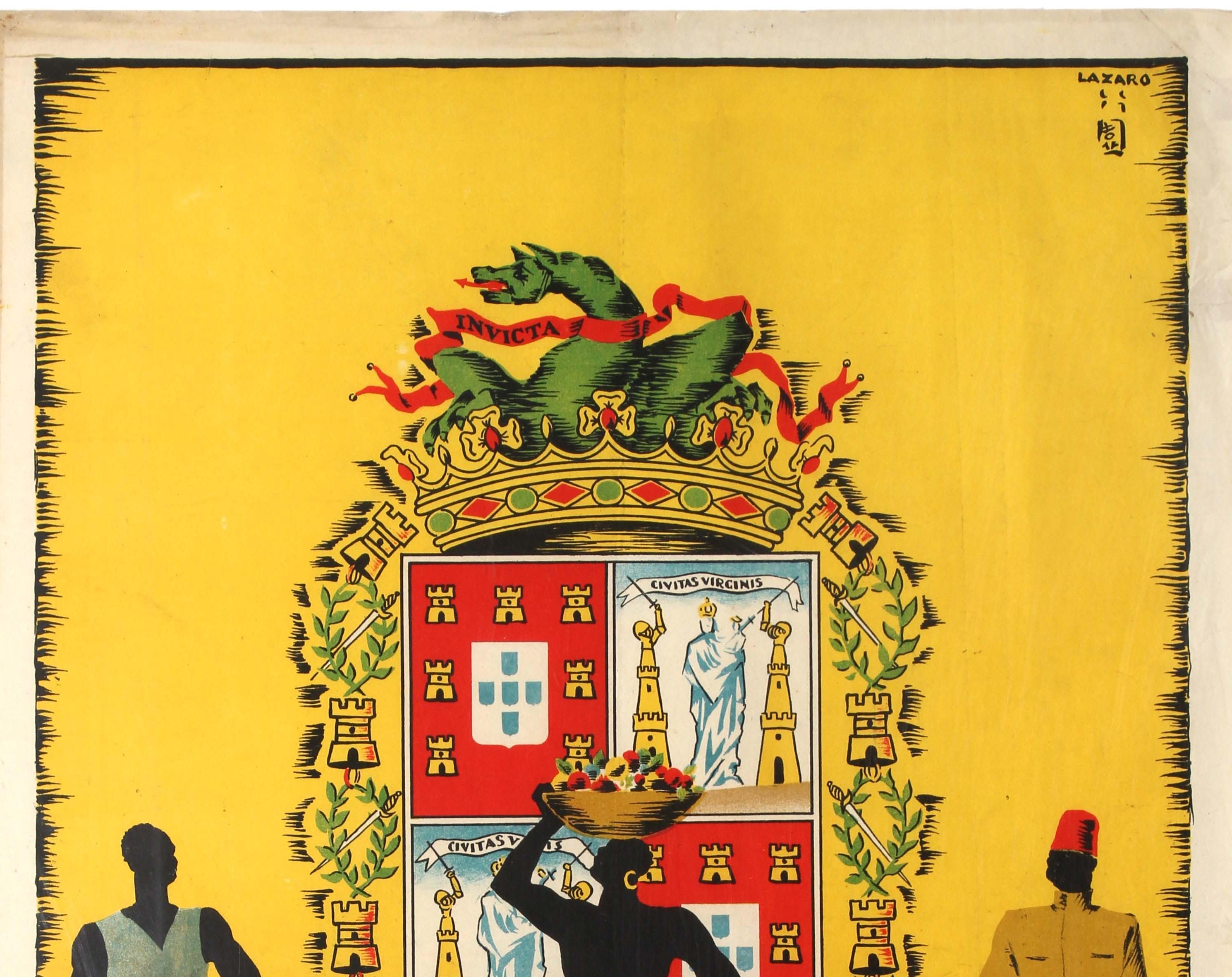 Original vintage travel advertising poster for the Colonial Exhibition / Exposicao Colonial in Porto Portugal in 1934, a world fair showcasing Portugal's colonies in Africa and Asia with the exhibits including a reproduction lighthouse and villages,