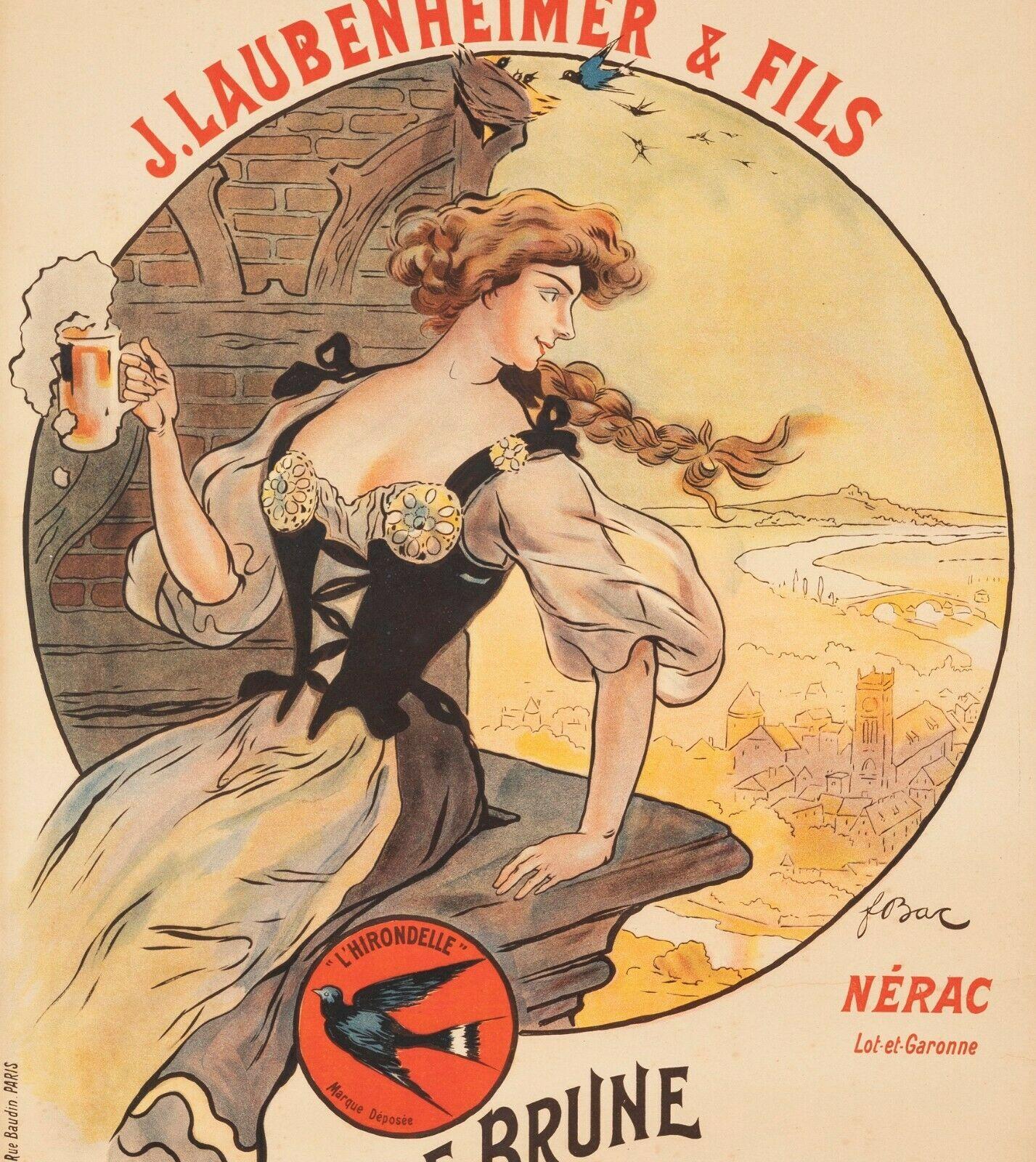 Original Vintage Poster-F. Bac-Laubenheimer Brasserie-Beer-Hirondelle, 1908

Affiche pour promouvoir les bières Laubenheimer dont la brasserie est située à Nérac (Lot et Garonne).

Détails supplémentaires :
Matériaux et techniques : Lithographie en