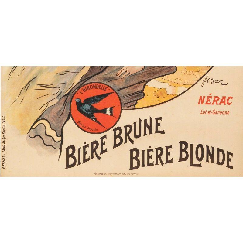 Art nouveau Affiche rétro originale - F. Brasserie-Bière-Hirondelle de Bac-Laubenheimer, 1908 en vente