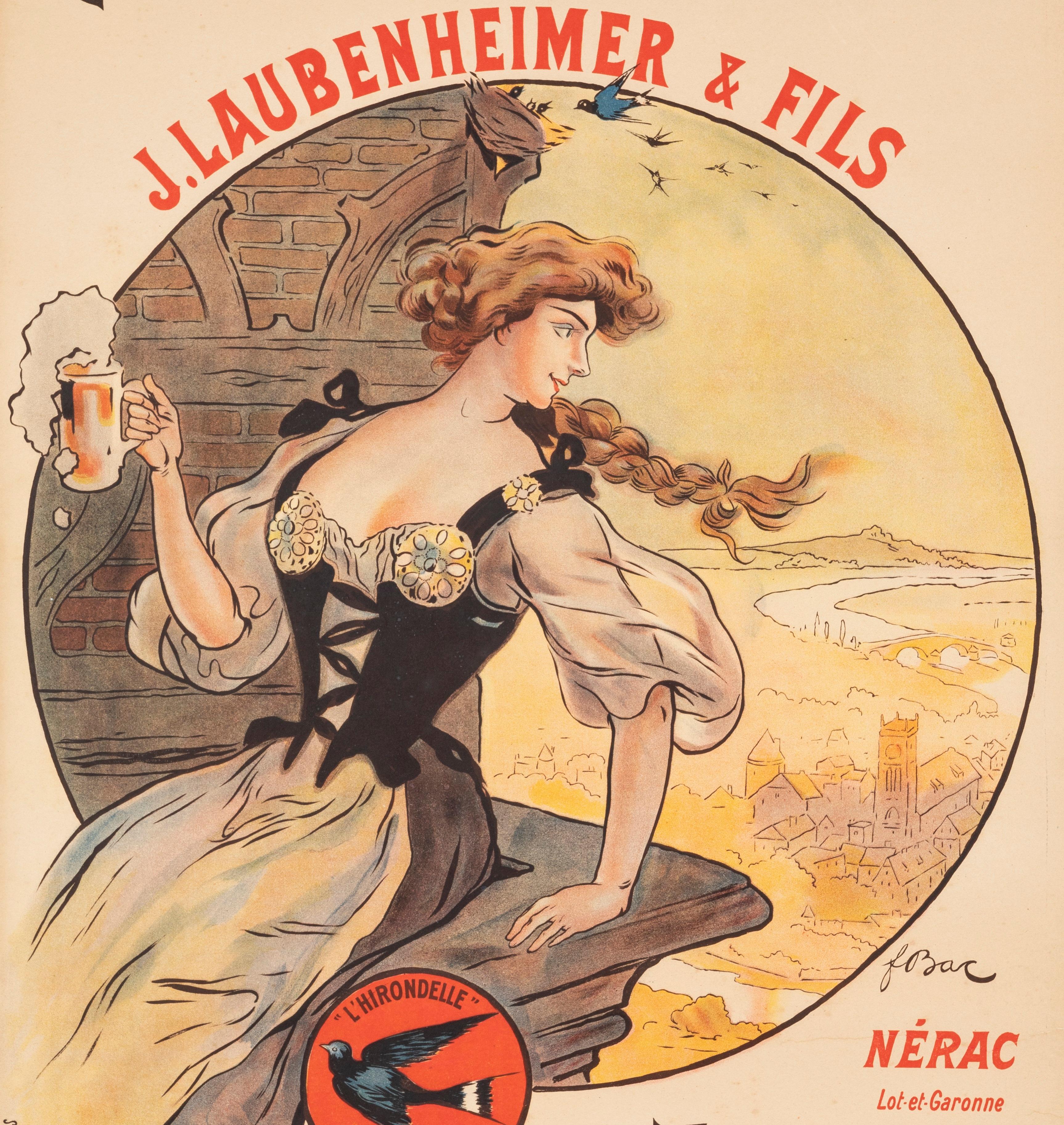 Affiche rétro originale - F. Brasserie-Bière-Hirondelle de Bac-Laubenheimer, 1908 Bon état - En vente à SAINT-OUEN-SUR-SEINE, FR