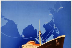 Original Vintage Poster Far East Hamburg America Line Ship Asia Route Map Design