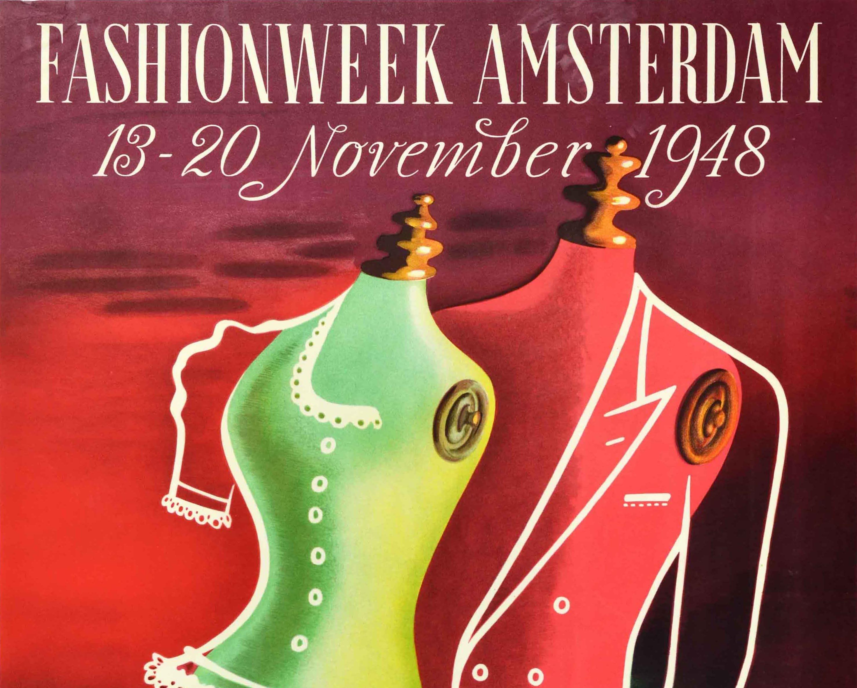Original vintage advertising poster for the Fashion Week Amsterdam 13-20 November 1948 featuring a great mid-century design of two dressmaker's mannequin dummies in green and red, the one at the front with an outline of a lady's blouse and flowing