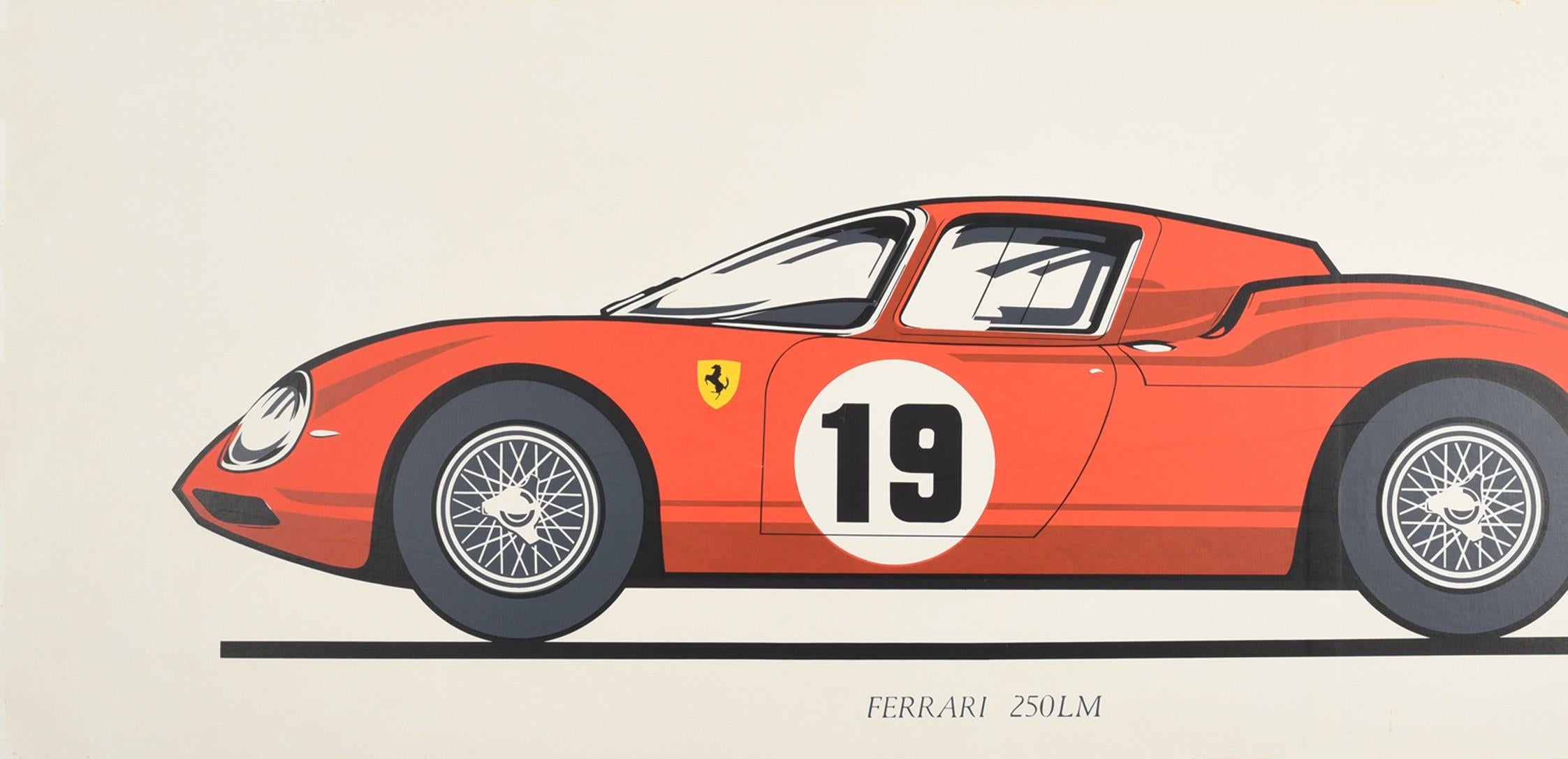 Original vintage car advertising poster for the Ferrari 250LM featuring a great side view illustration of a red Ferrari sports car with the iconic Ferrari logo of a black Cavallino Rampante / prancing horse on a yellow shield and a number 19 racing