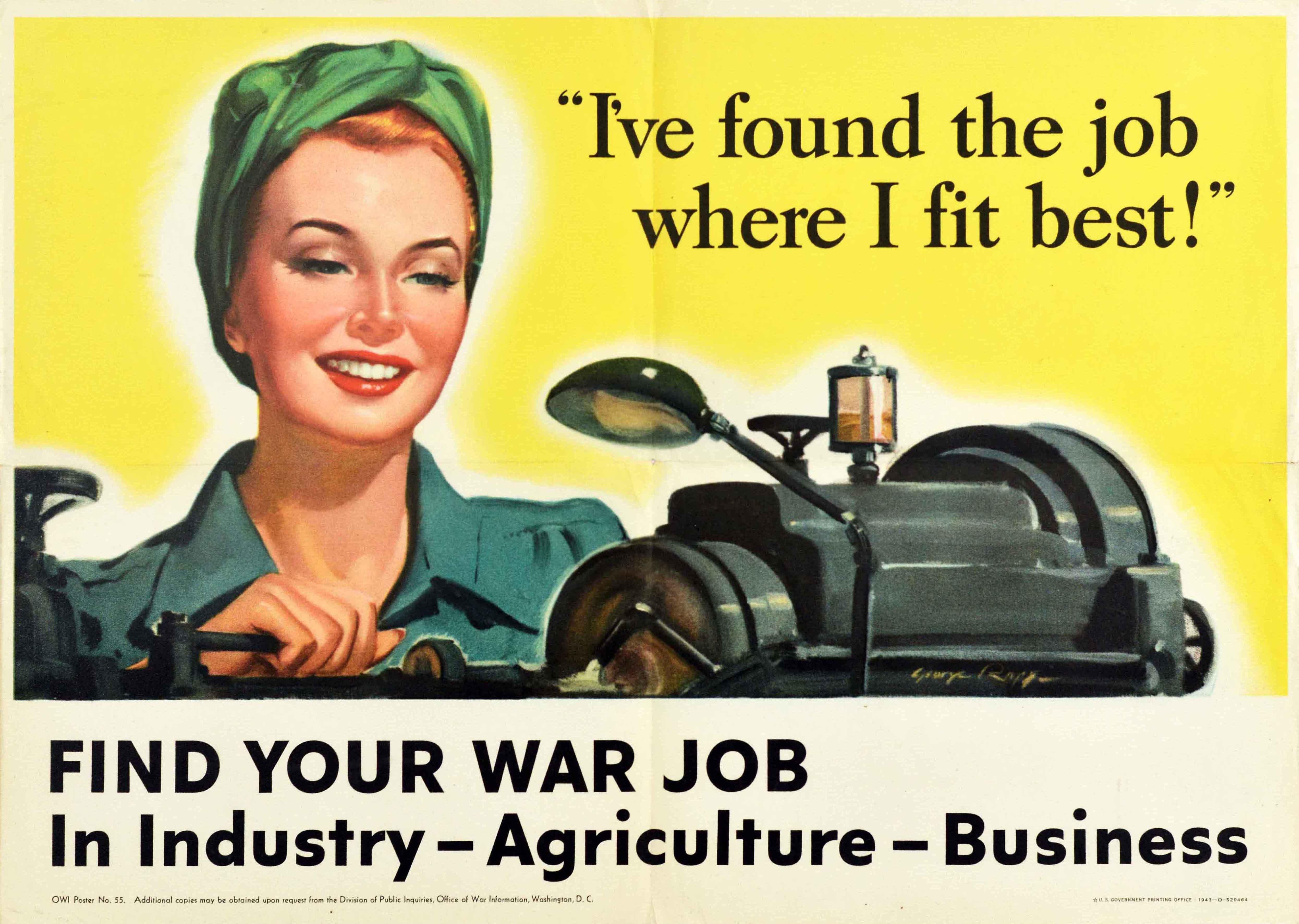 Affiche de propagande originale de la Seconde Guerre mondiale distribuée par le Bureau d'information sur la guerre pour encourager l'emploi sur le front intérieur. Elle présente une illustration d'une femme souriante en uniforme travaillant sur une