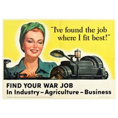 Affiche vintage d'origine Trouver votre emploi de guerre Industry Agriculture Front de la Seconde Guerre mondiale