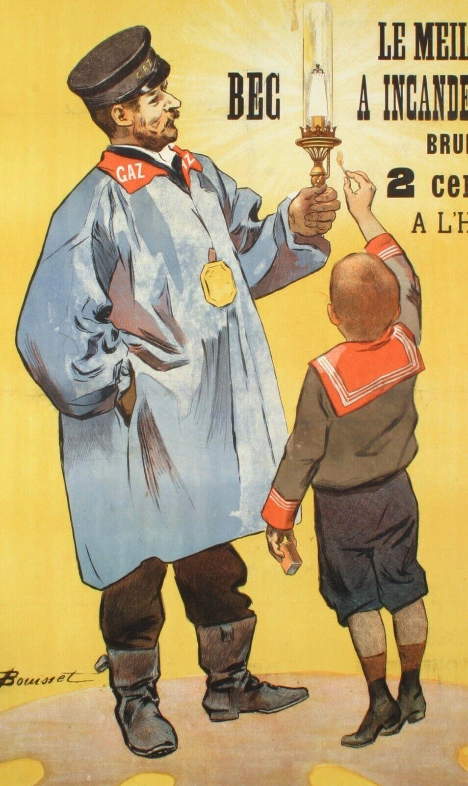 Original Vintage Poster-Firmin Bouisset-Bec Deselle-Gas-Menier, um 1900

Auf diesem Plakat wird der Bec Deselle als bester und sehr sparsamer Energieverbraucher angepriesen. Indem wir ein Kind inszenieren, das die Lampe anzündet, verstehen wir auch,