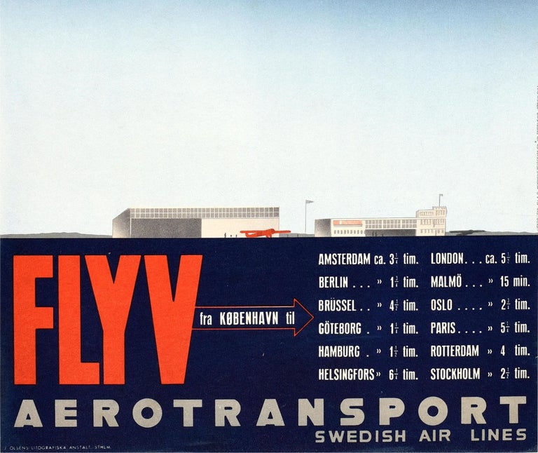 Art Deco Original Vintage Poster Fly Aerotransport Swedish Air Lines Travel Europe Sweden For Sale