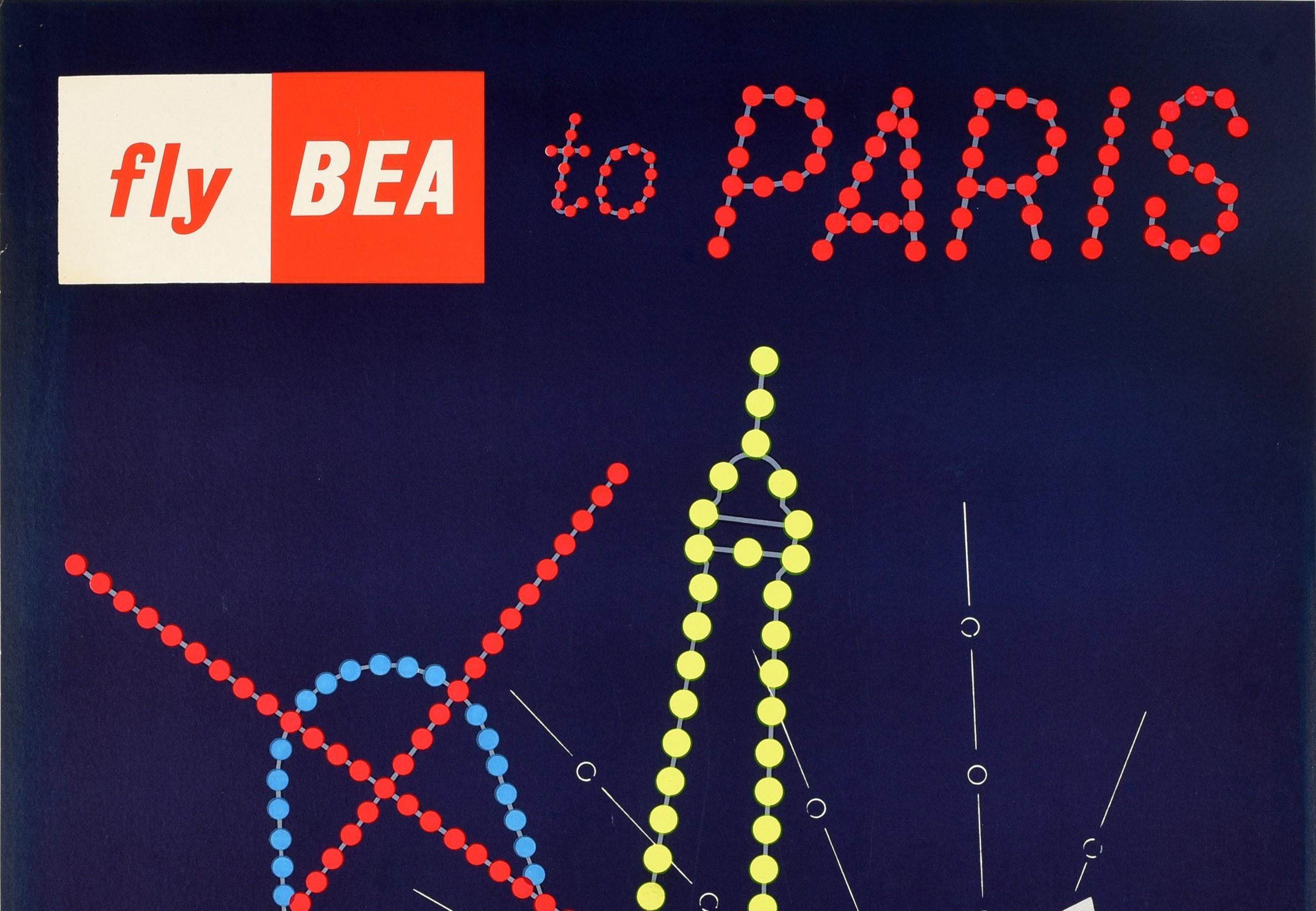 Original vintage airline travel poster - Fly BEA to Paris - depicting a colourful design of a sparkling wine champagne glass with outlines of the Eiffel Tower in yellow dots and the Montmartre Moulin Rouge windmill in blue and red dots like lights