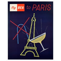 Original Vintage-Poster, Fly BEA To Paris, Eiffelturm, Champagner, Montmartre, Kunst