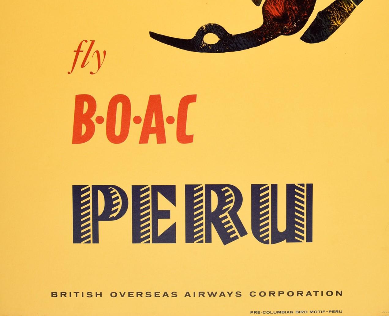 American Original Vintage Poster Fly BOAC Peru South America Pre-Columbian Bird Motif Art