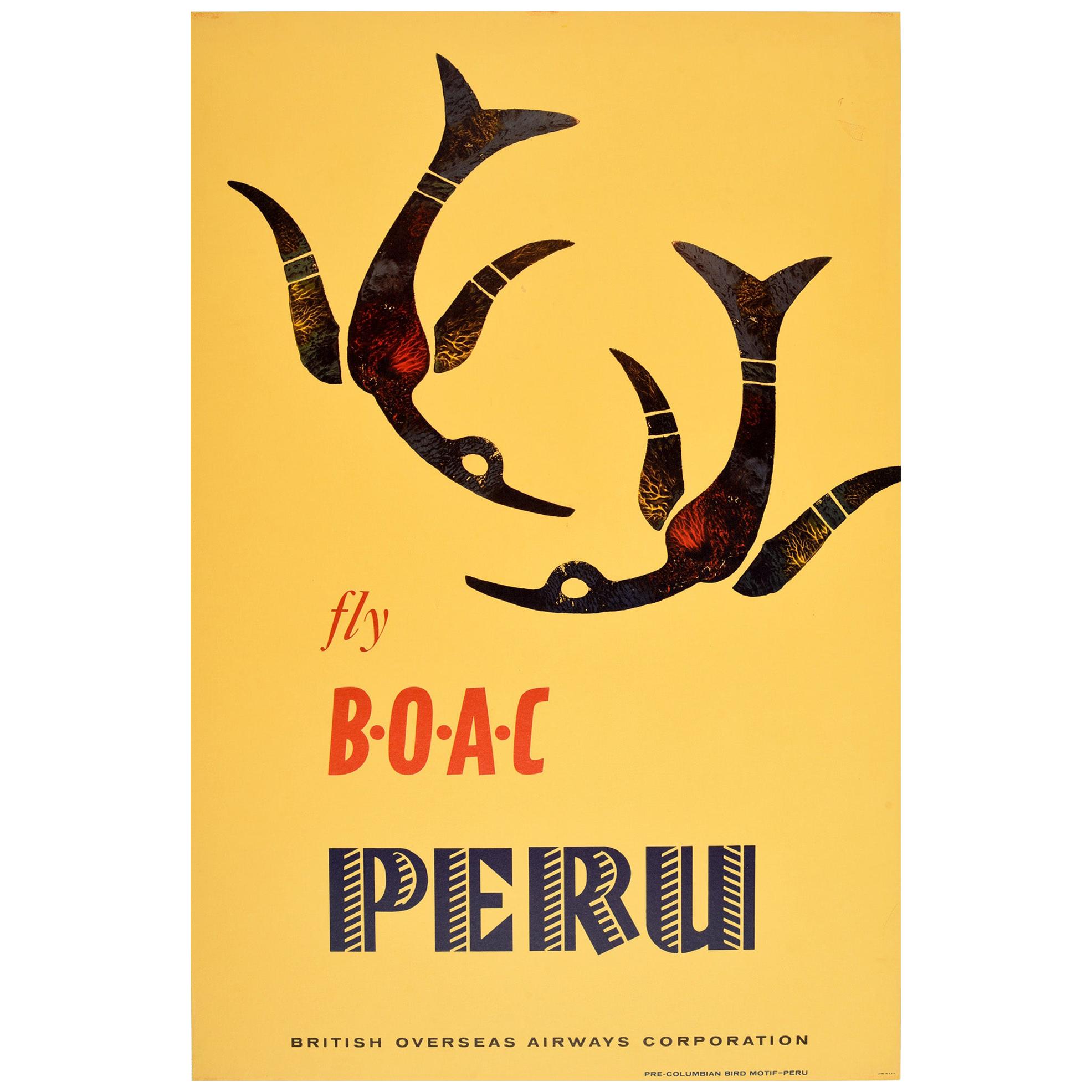 Original Vintage Poster Fly BOAC Peru South America Pre-Columbian Bird Motif Art
